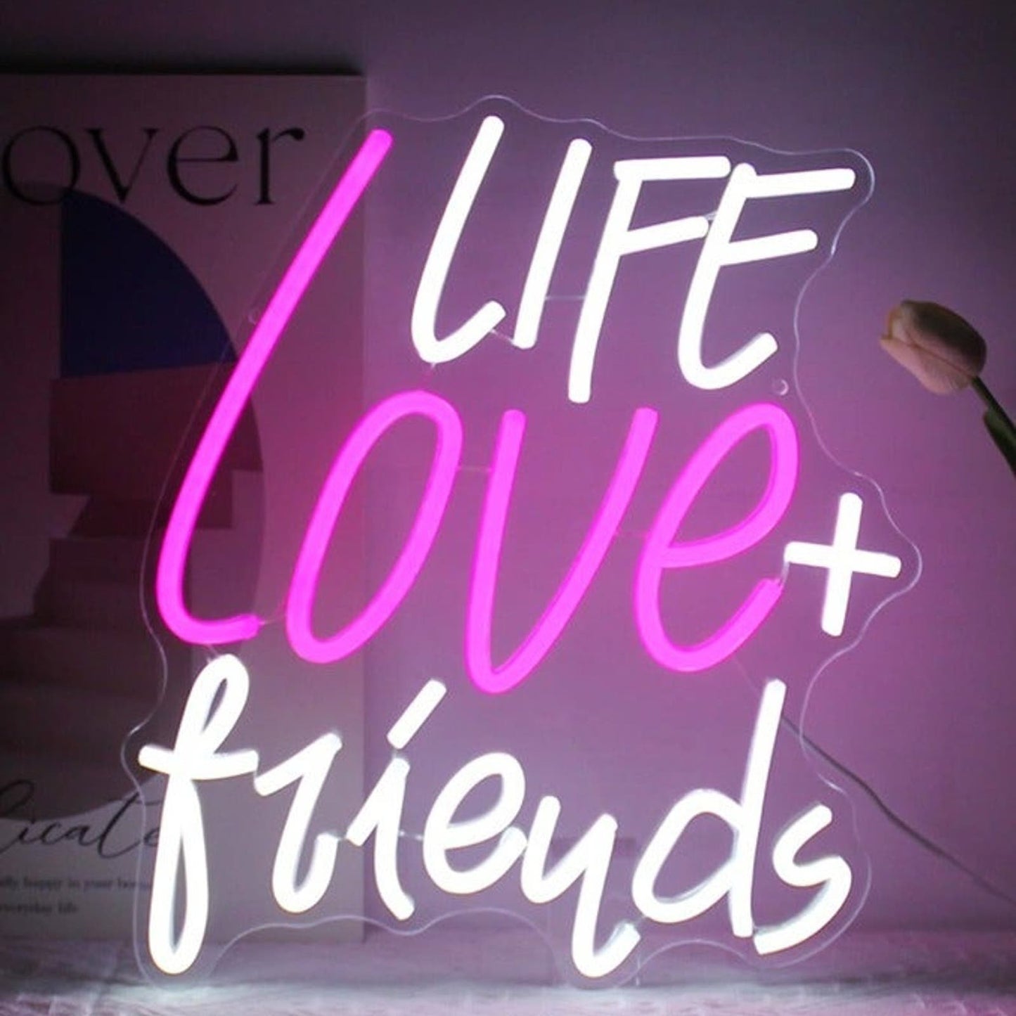 Lovely Bright Pink/White Life Love + Friends LED Night Light Room Wall Decor