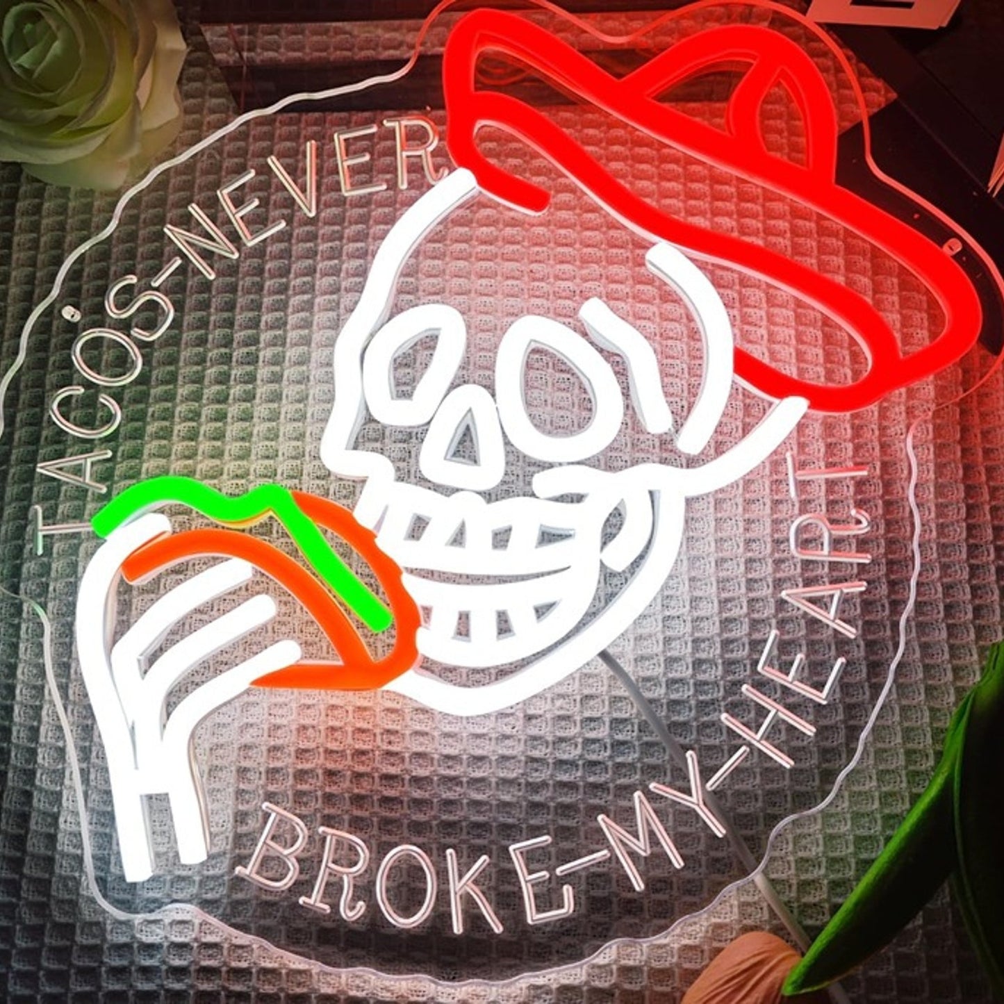 Fun Bright Skeleton “Tacos Never Broke My Heart” LED Night Light Room Wall Decor