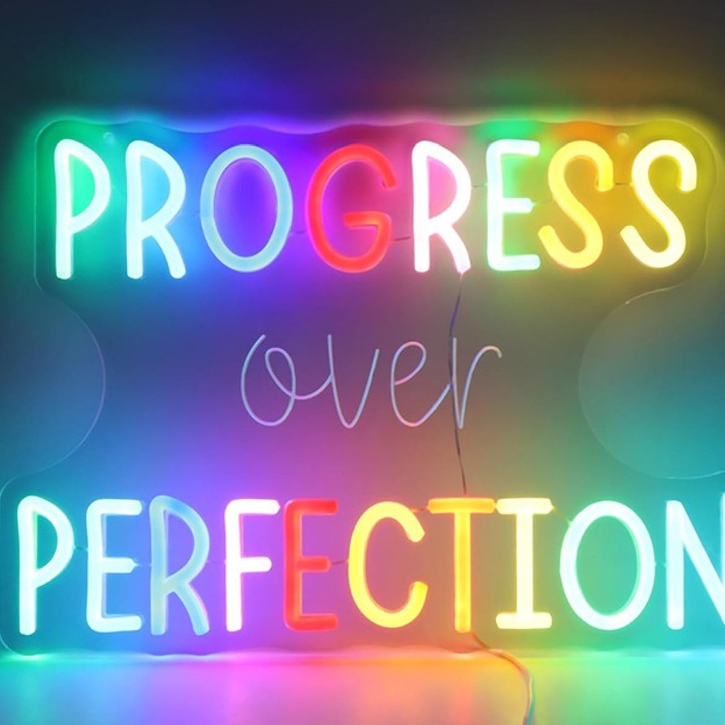 Lovely Bright Rainbow “Progress Over Perfection” LED Night Light Room Wall Decor