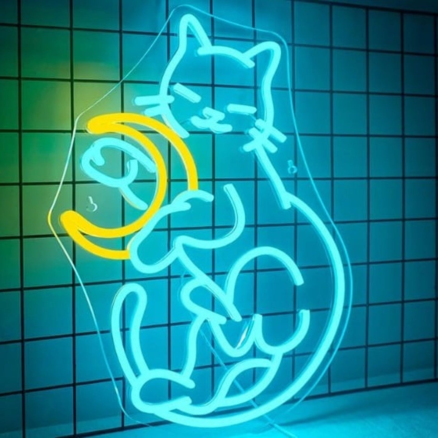 Lovely Bright Blue Kitty Cat Cuddling the Moon LED Night Light Room Wall Decor