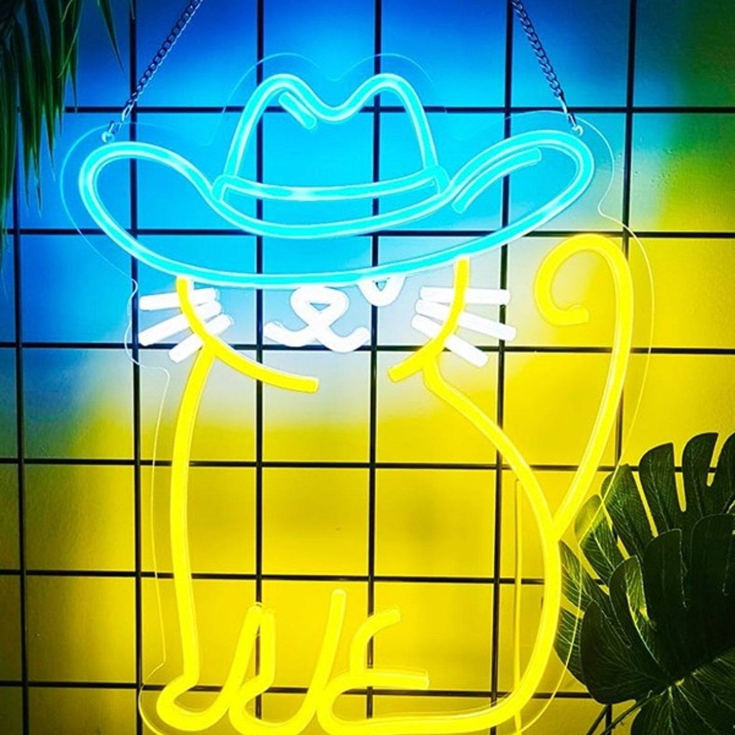 Fun Bright Yellow Kitty Cat with Blue Cowboy Hat LED Night Light Room Wall Decor