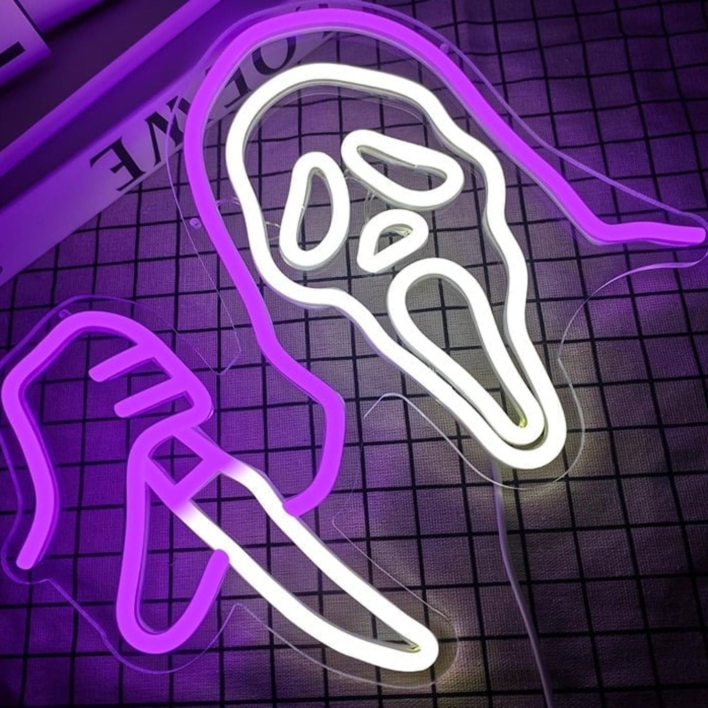 Spooky Bright Purple / White Ghost Face with a Knife Night Light Room Wall Decor