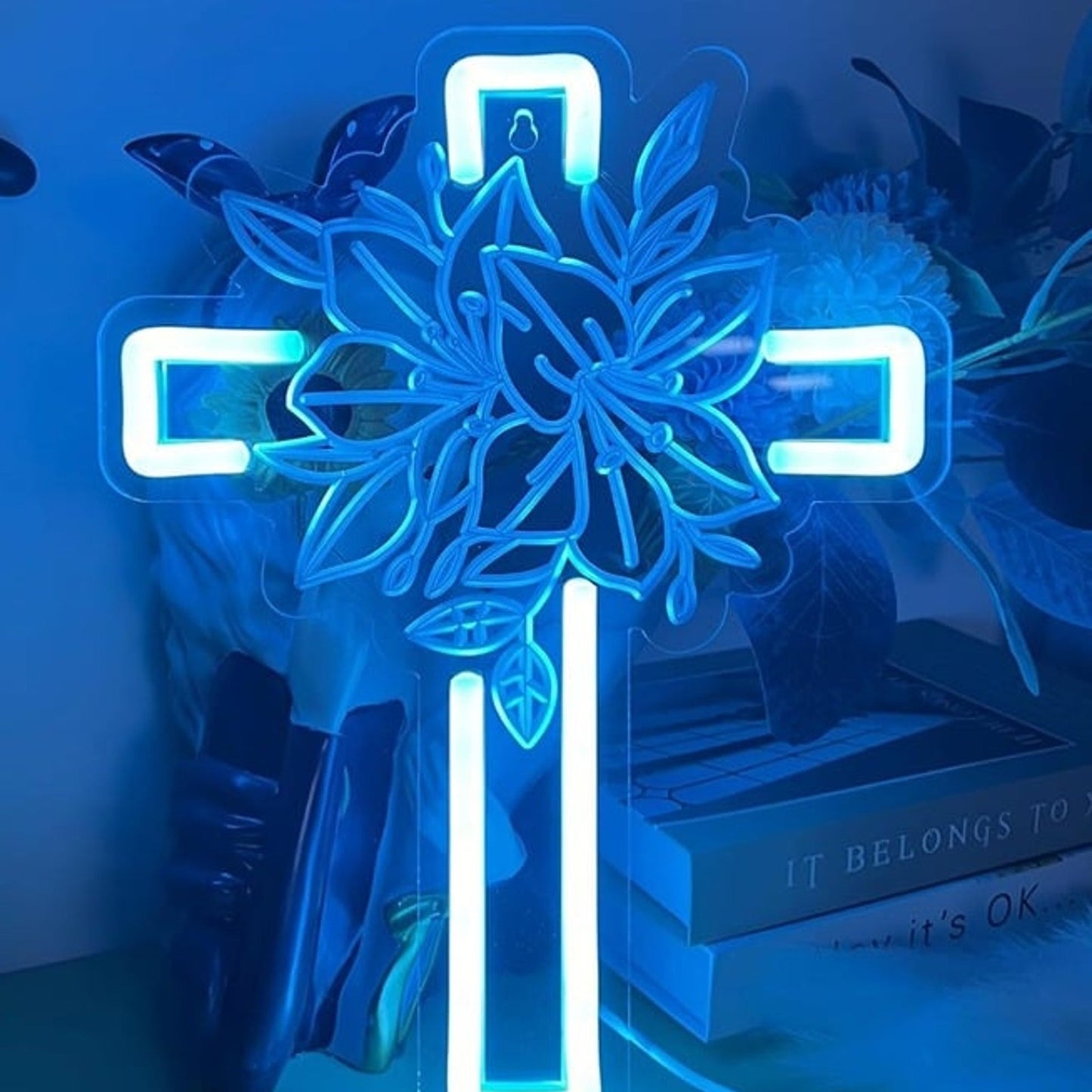 Vivid Bright Blue Cross and Flowers LED Night Light Room Wall Decoration