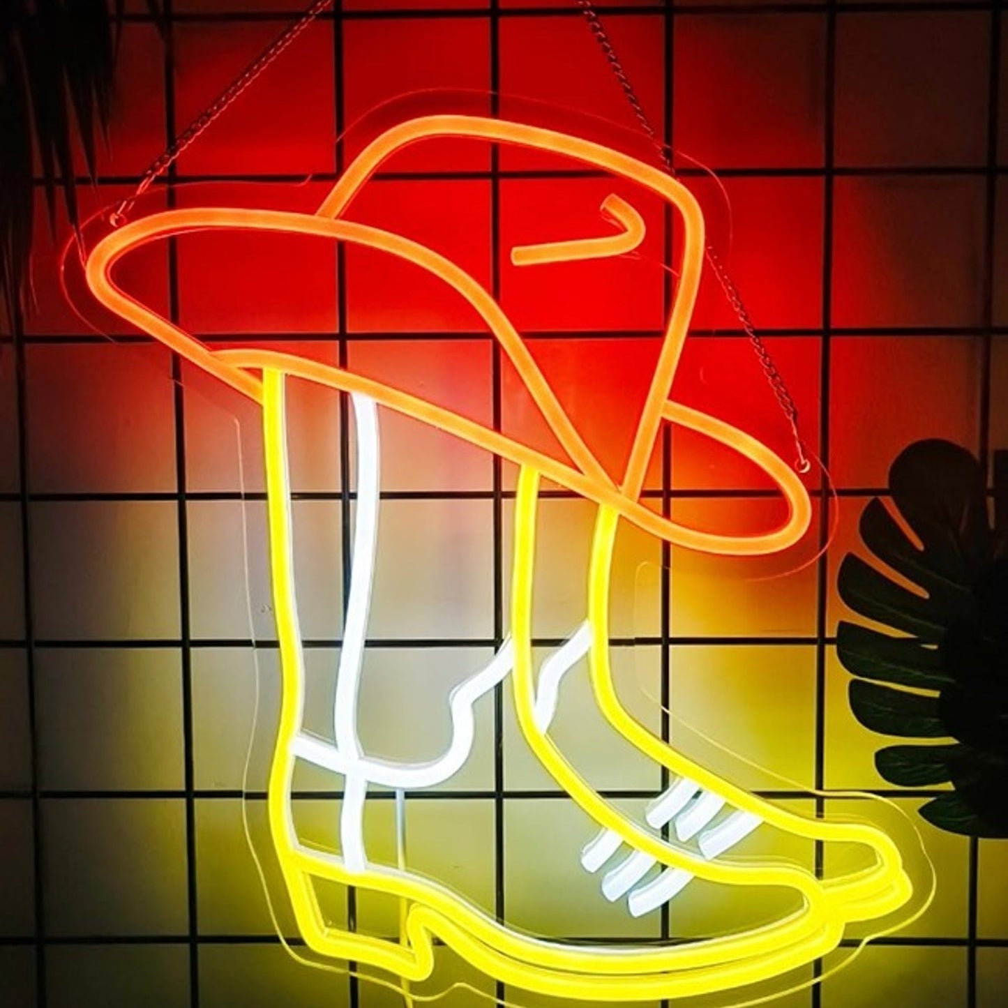 Vivid Bright Red Hat and Cowboy Boots LED Night Light Room Wall Decoration