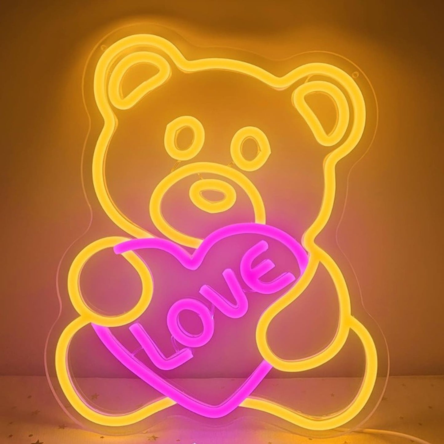 Lovely Bright Pink Love Heart Teddy Bear LED Night Light Room Wall Decor