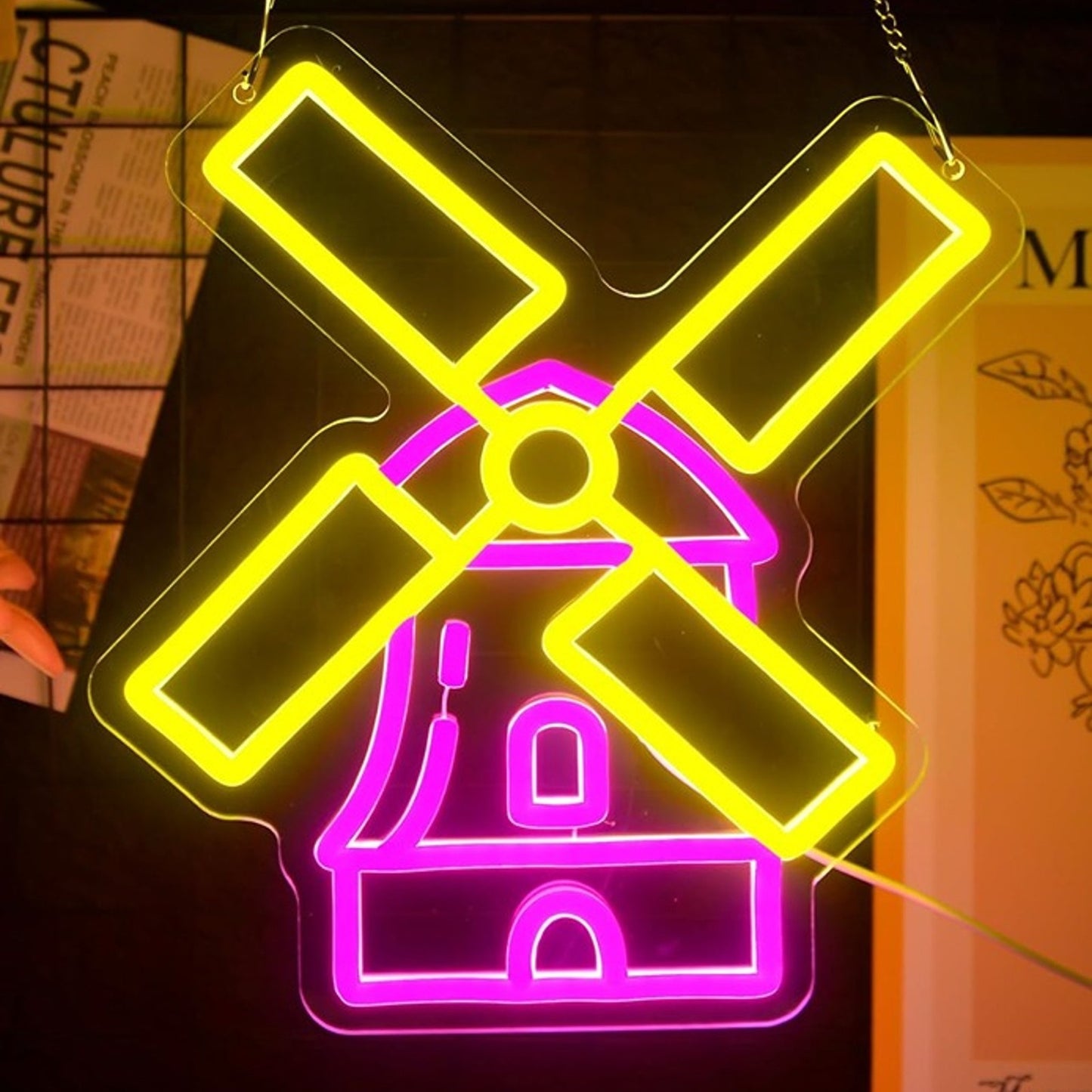 Lovely Bright Pink / Yellow Windmill LED Night Light Room Wall Decor