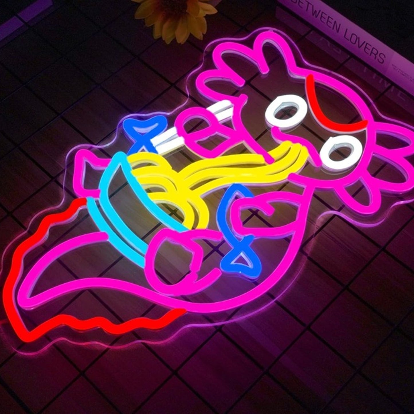 Fun Bright Cute Pink Axolotl Salamander Eating Ramen Noodles Light Wall Decor