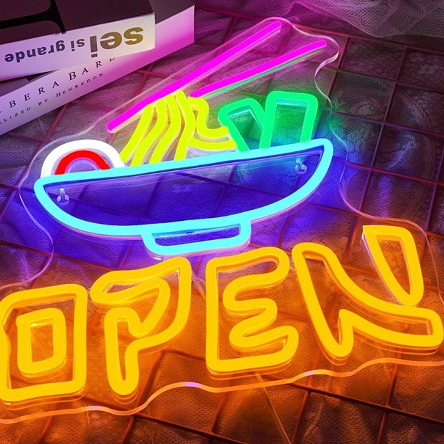 Vivid Bright Colorful “Open” Ramen Noodles LED Light Business Wall Window Decor