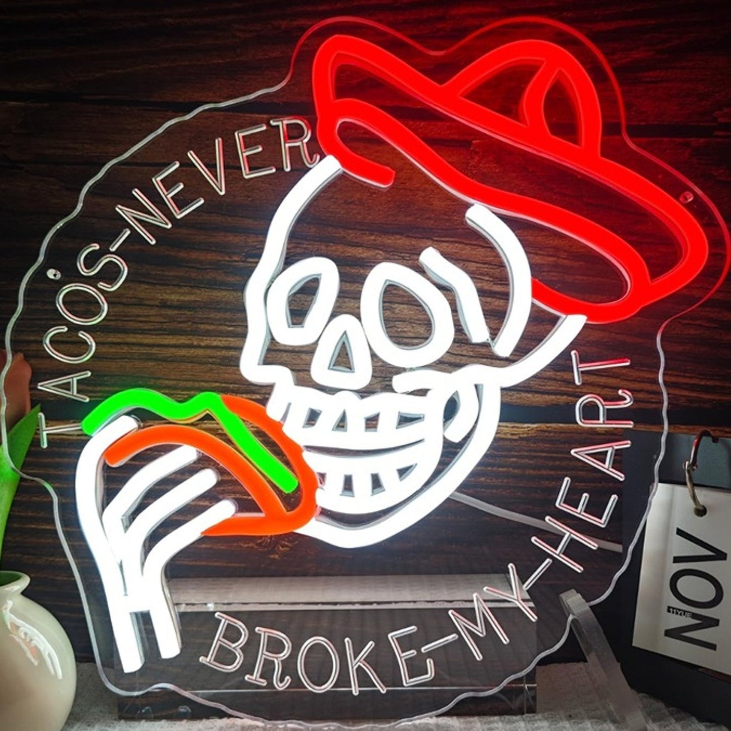 Fun Bright Skeleton “Tacos Never Broke My Heart” LED Night Light Room Wall Decor