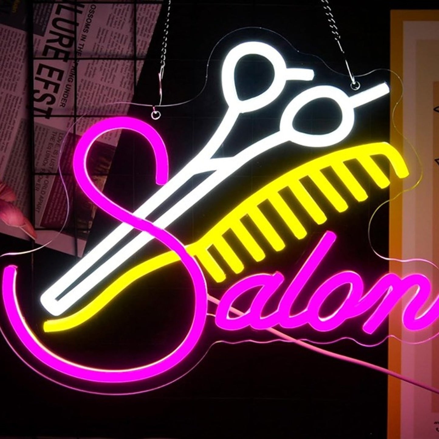Lovely Bright Pink “Salon” Comb and Scissors Night Light Room Wall Shop Decor