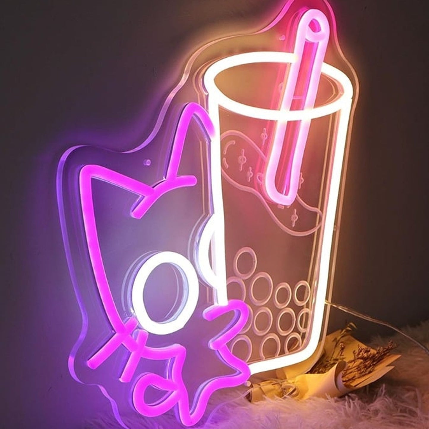 Fun Bright Purple Baby Kitty Cat w/ Large Boba Tea LED Night Light Room Wall Dec