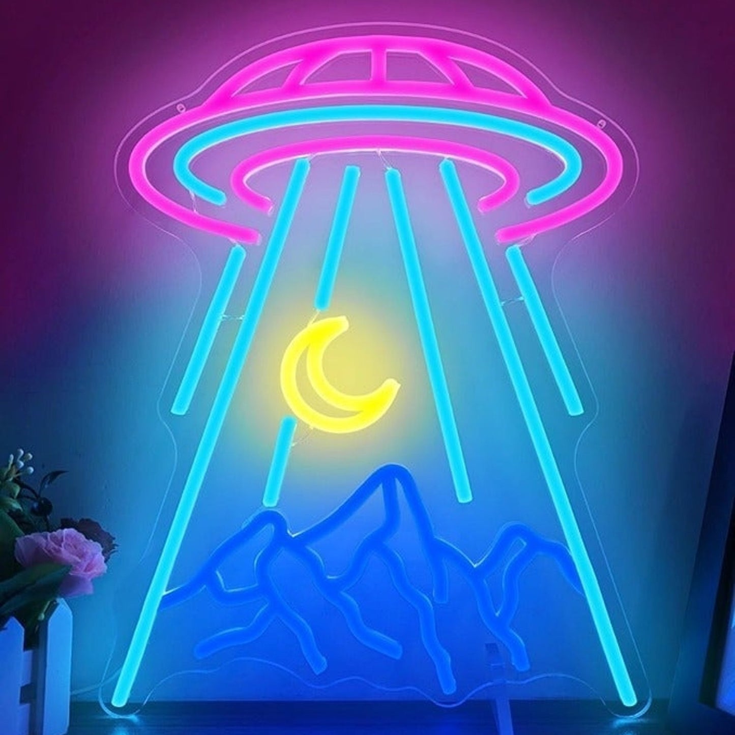 Lovely Bright Pink Alien Spaceship Crescent Moon LED Night Light Room Wall Decor