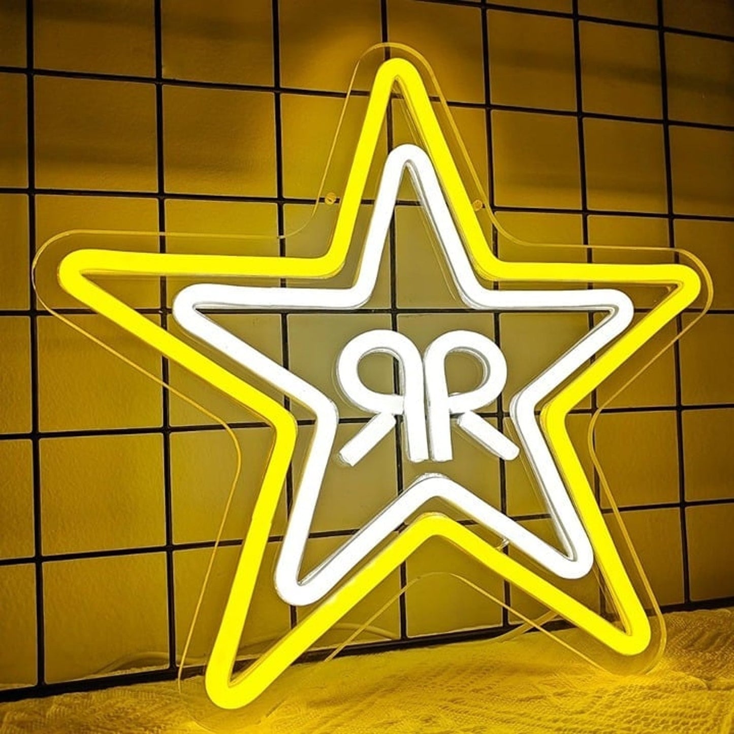 Vivid Bright White / Yellow Rock Star Energy Drink Logo LED Light Room Wall Dec