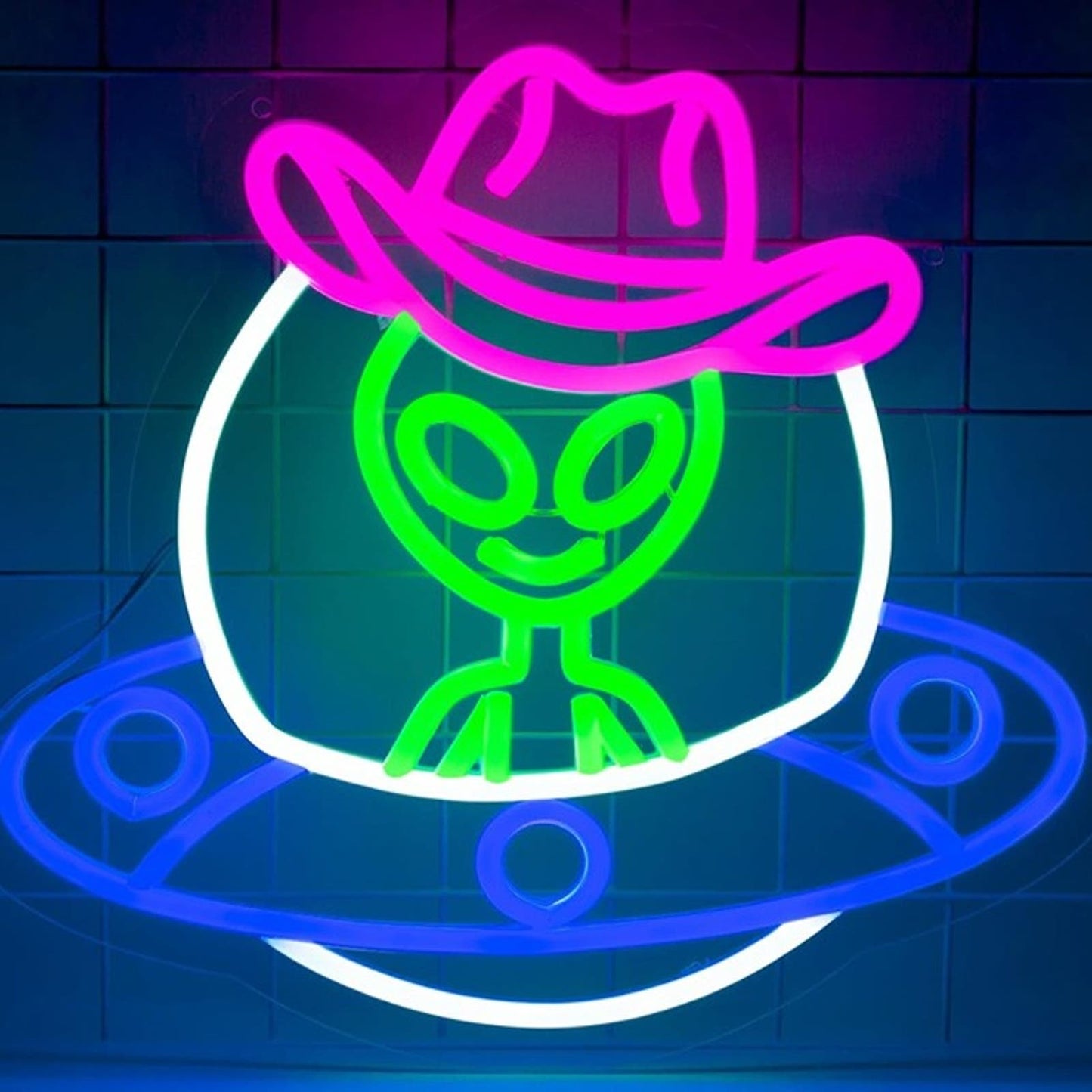 Fun Bright Alien in a Space Ship UFO & Pink Cowboy Hat LED Light Wall Decor