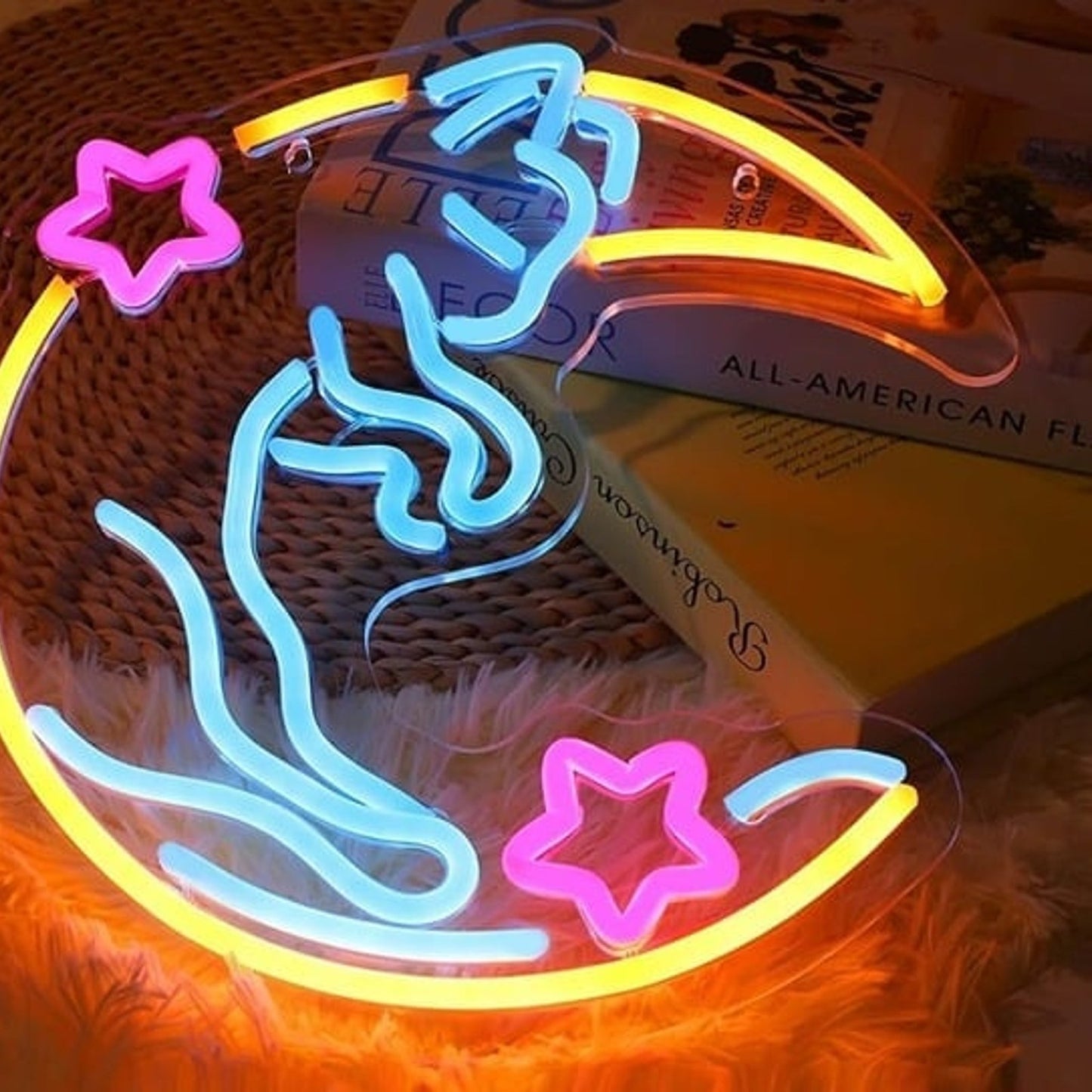 Lovely Blue Kitty Cat Sleeping in Crescent Moon LED Night Light Room Wall Decor