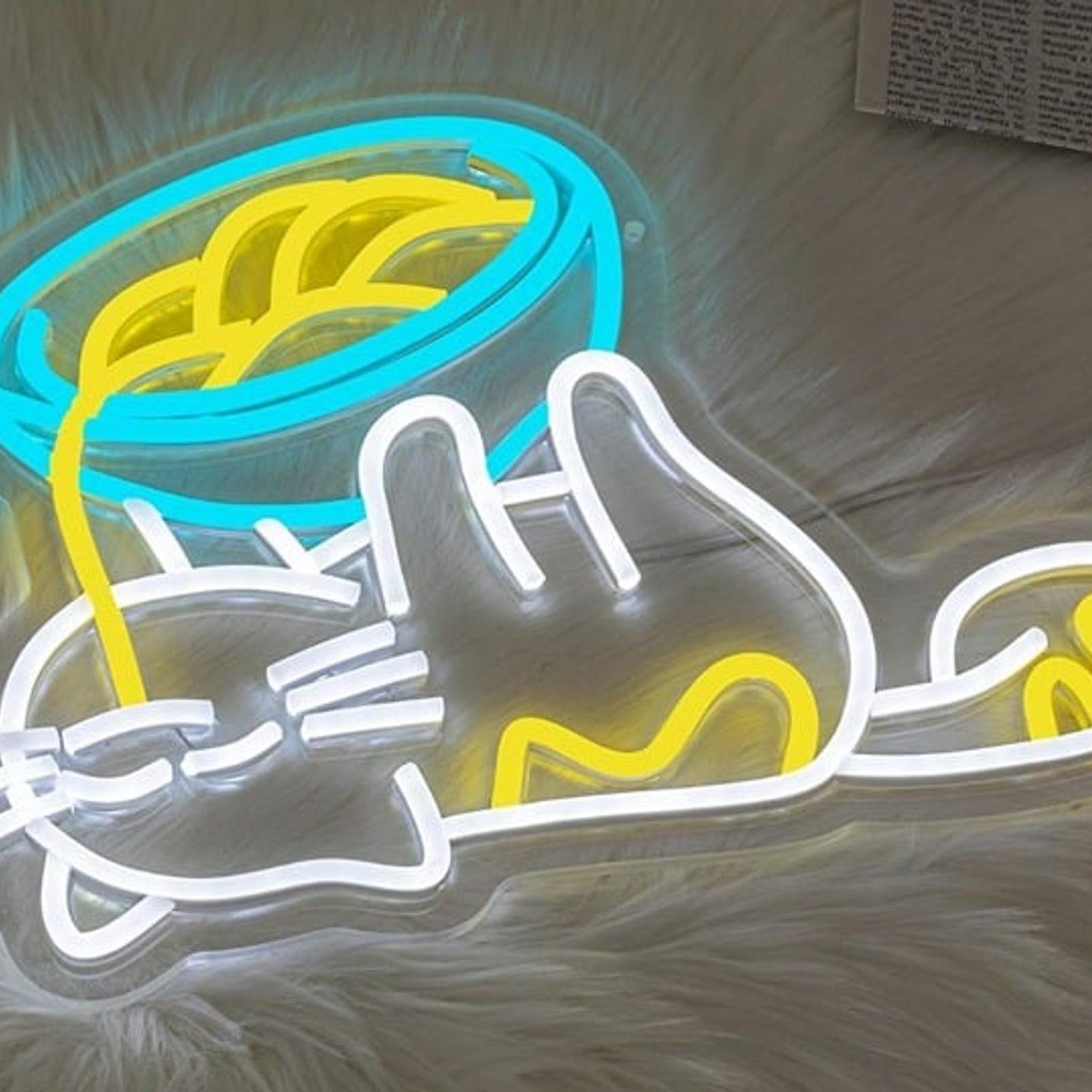 Fun Bright Cute Kitty Cat Sipping Ramen Noodles from Bowl Upside Down LED Light