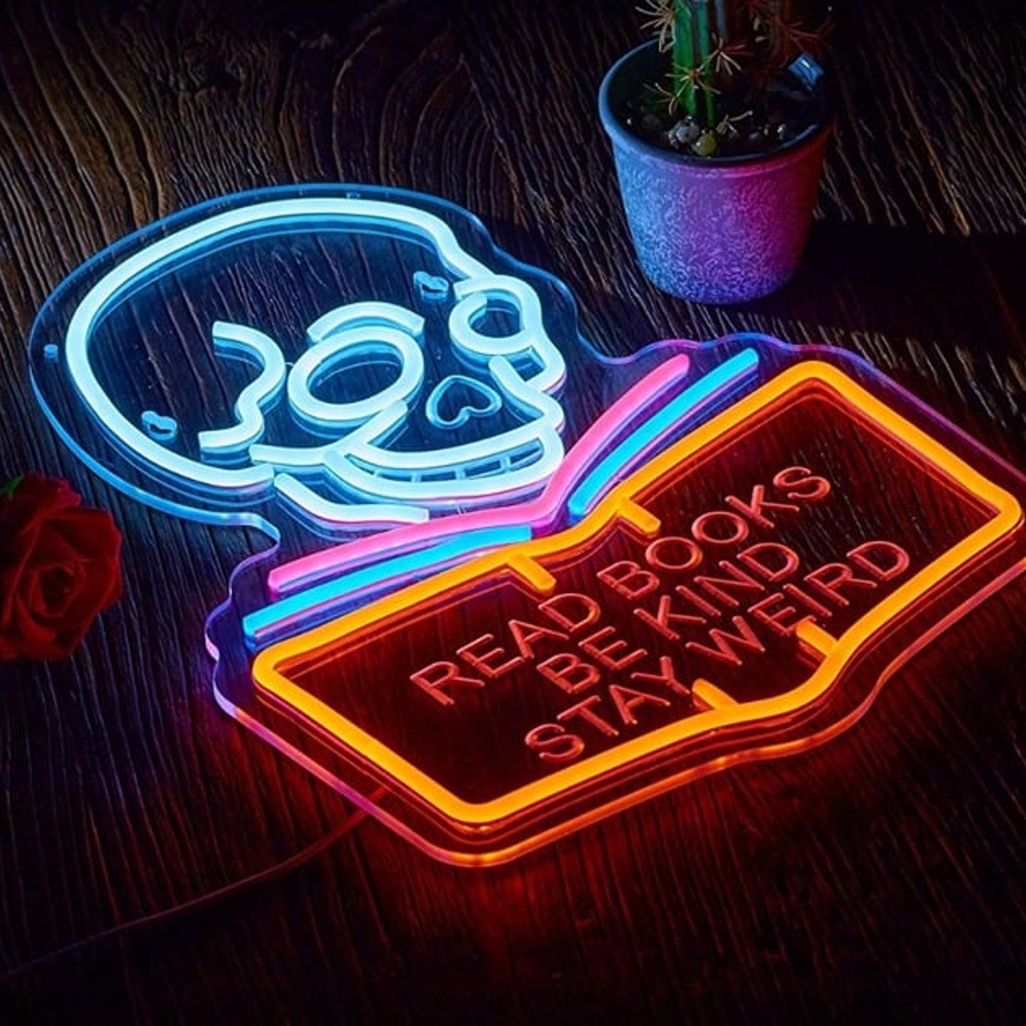 Fun Bright Skeleton Skull “Read Books, Be Kind, Stay Weird” LED Light Room Wall