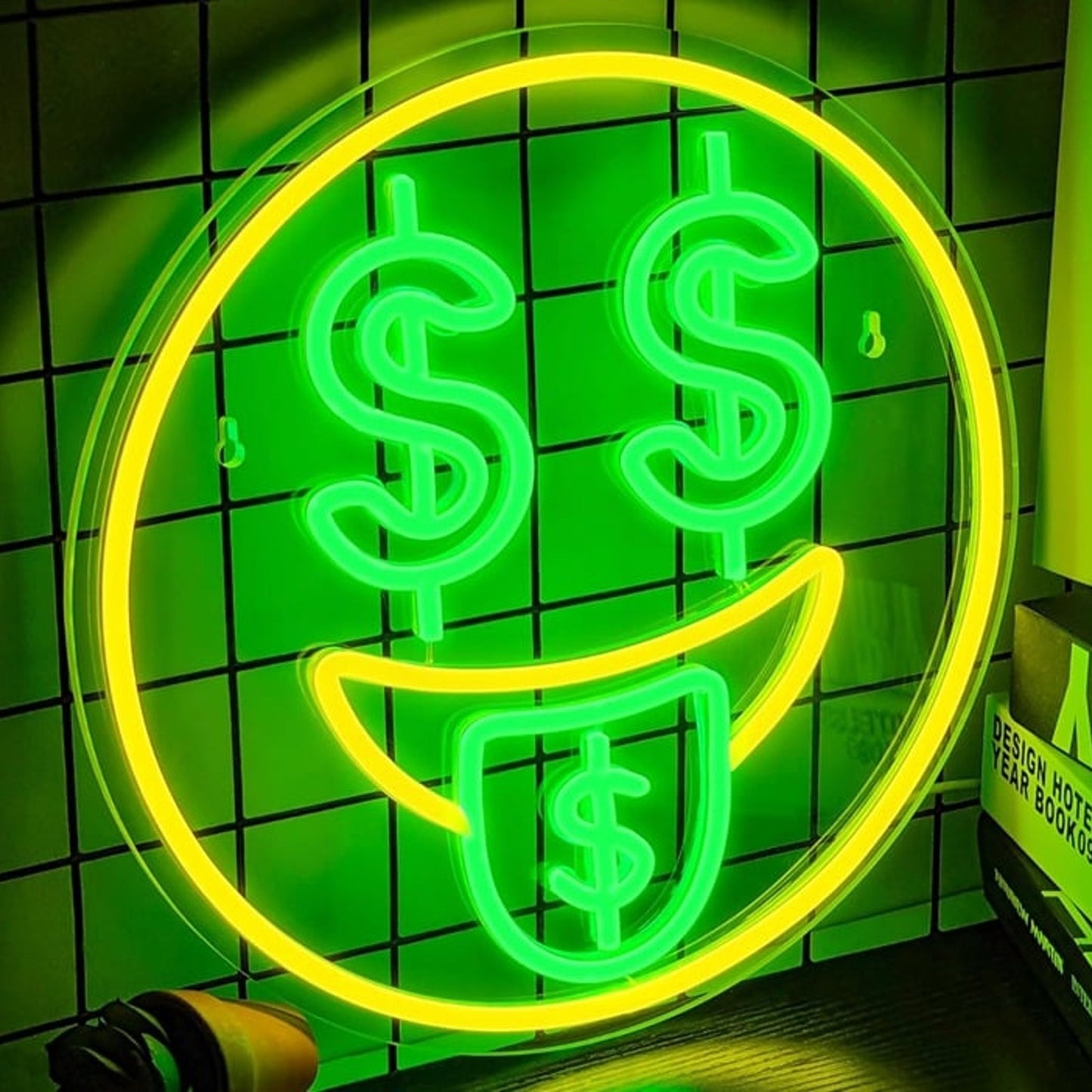 Fun Bright Yellow / Green Money Smiley Face LED Night Light Room Wall Decoration