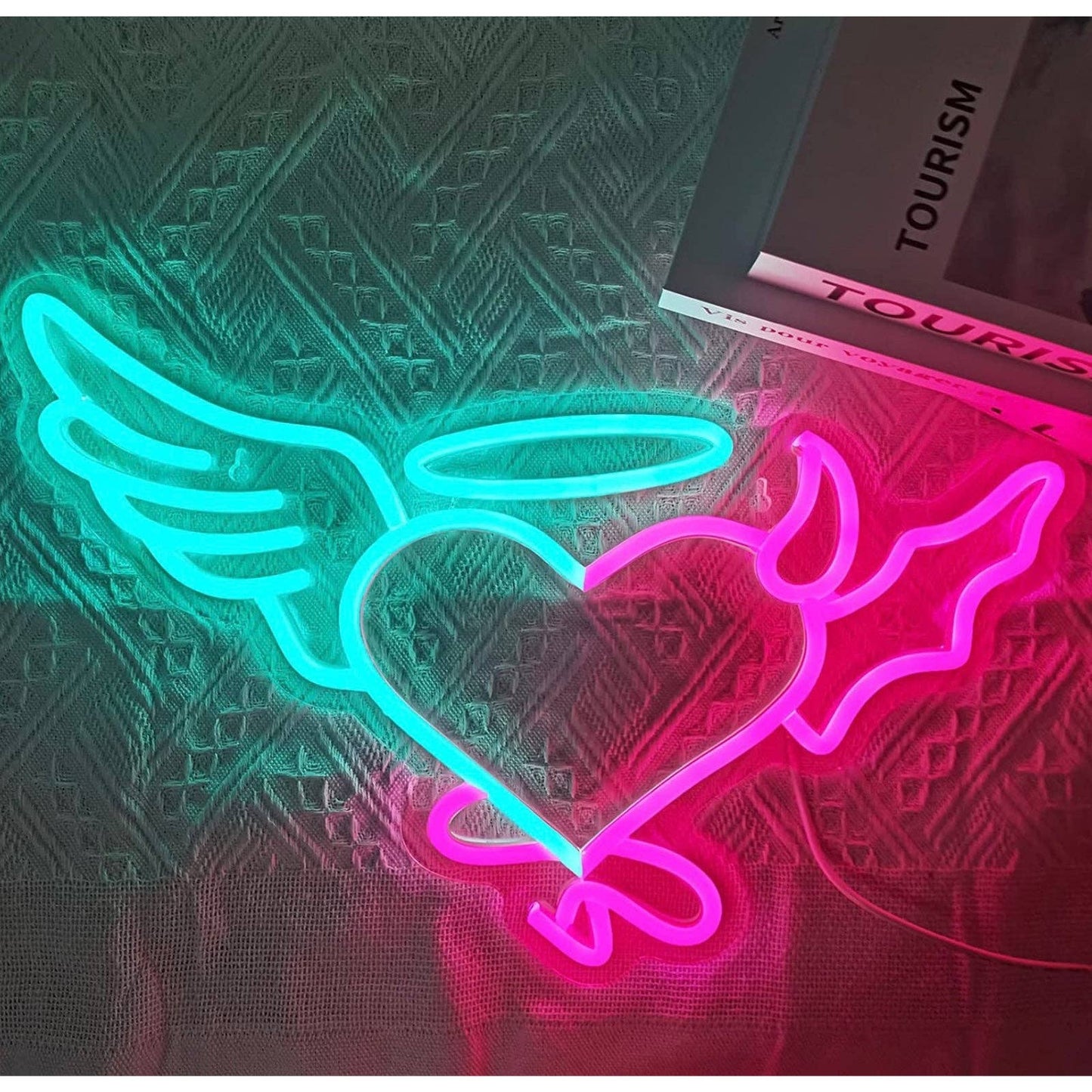 Lovely Bright Blue / Pink Angel Wing & Devil Heart LED Night Light Room Wall Dec
