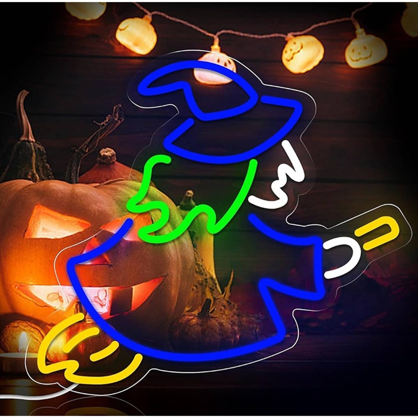 Fun Spooky Vivid Bright Blue Witch on a Broom LED Night Light Room Wall Decor