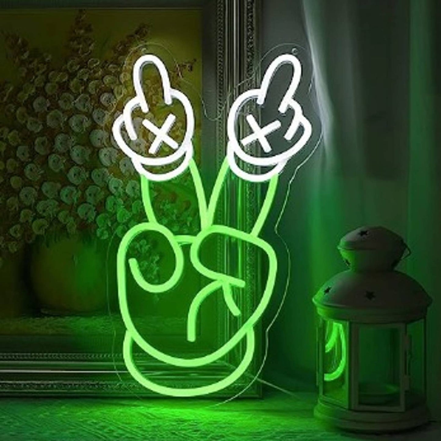 Fun Vivid Bright Green Kaws Peace Hand LED Night Light Cartoon Room Wall Decor