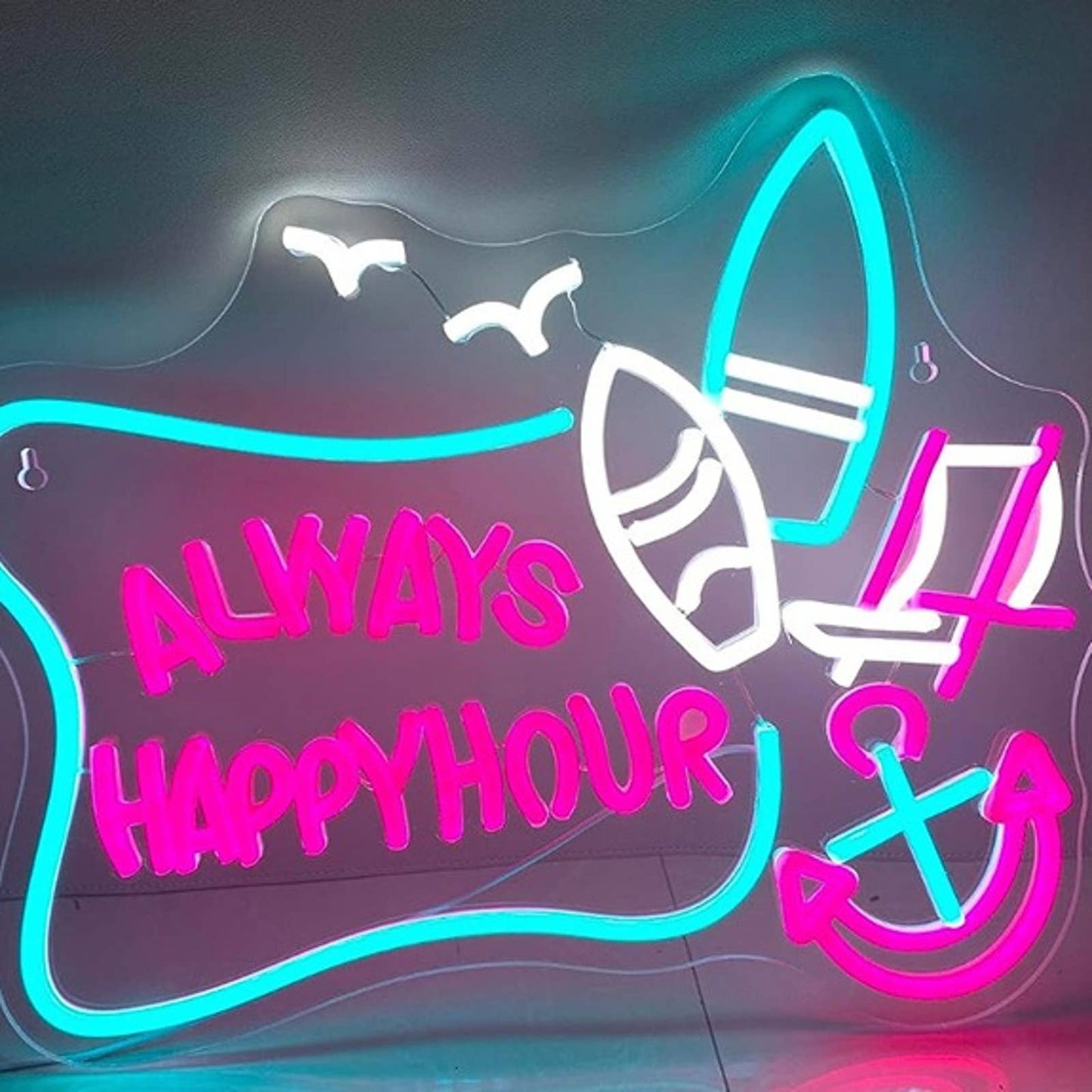 Vivid Fun Bright Blue “Always Happy Hour” Surfboard Beach Chair Anchor LED Light