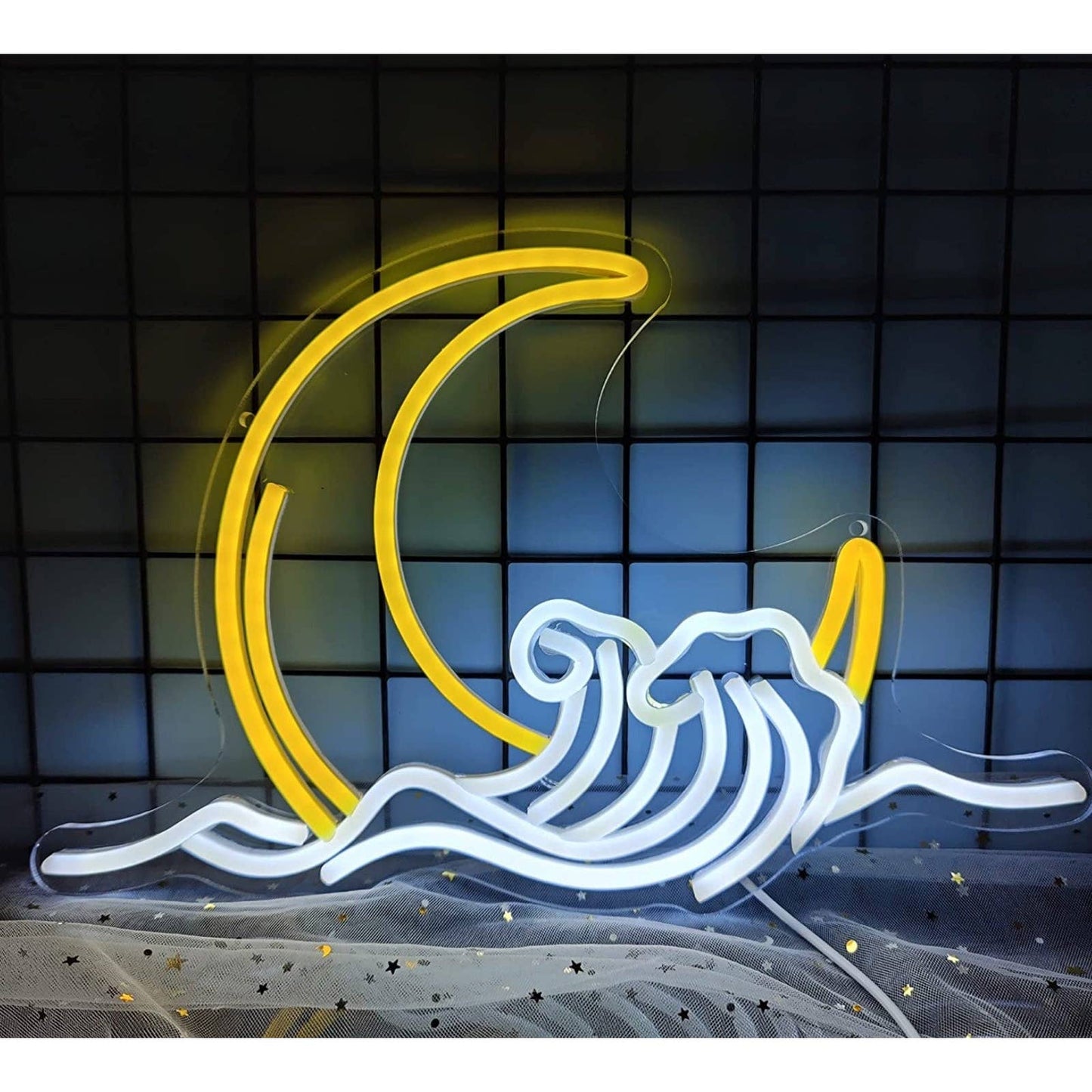 Lovely Bright Warm Yellow Crescent Moon in Ocean Waves LED Nigh Light Room Wall