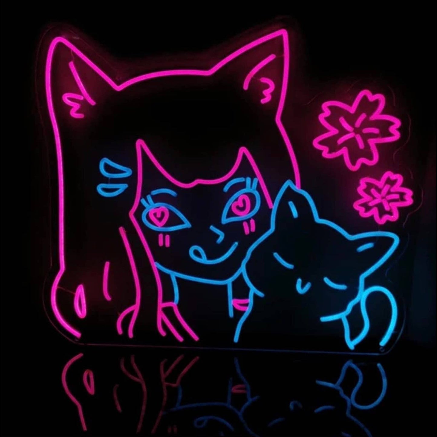Adorable Cute Large Bright Cat Girl & Her Kitty LED Night Light Anime Room Wall