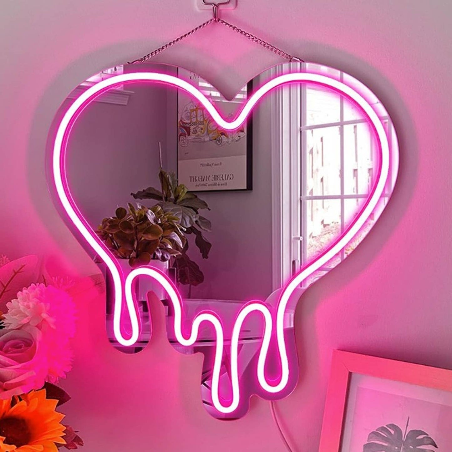 Lovely Quality Bright Pink Melting Heart Mirror LED Light Room Wall Decor