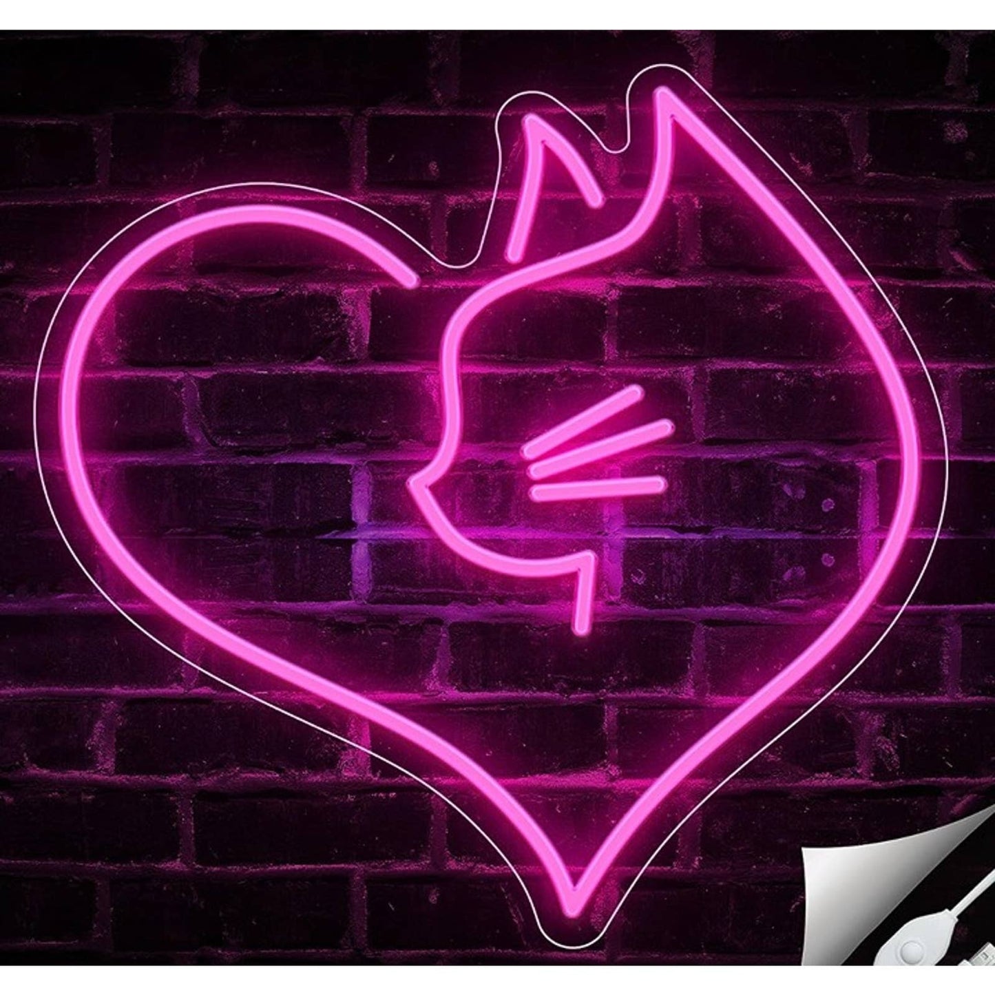 Vivid Bright Pink Kitty Cat Love Heart LED Night Light Room Wall Decor
