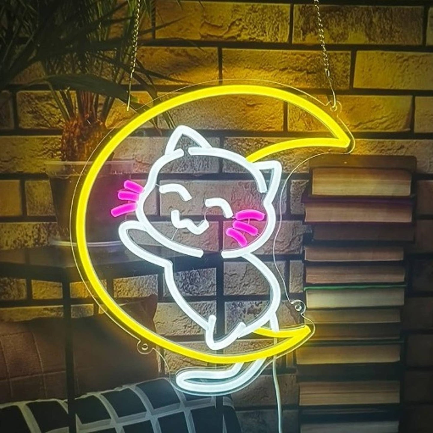 Lovely Bright Adorable Baby Kitty Cat Hugging Moon LED Night Light Room Decor