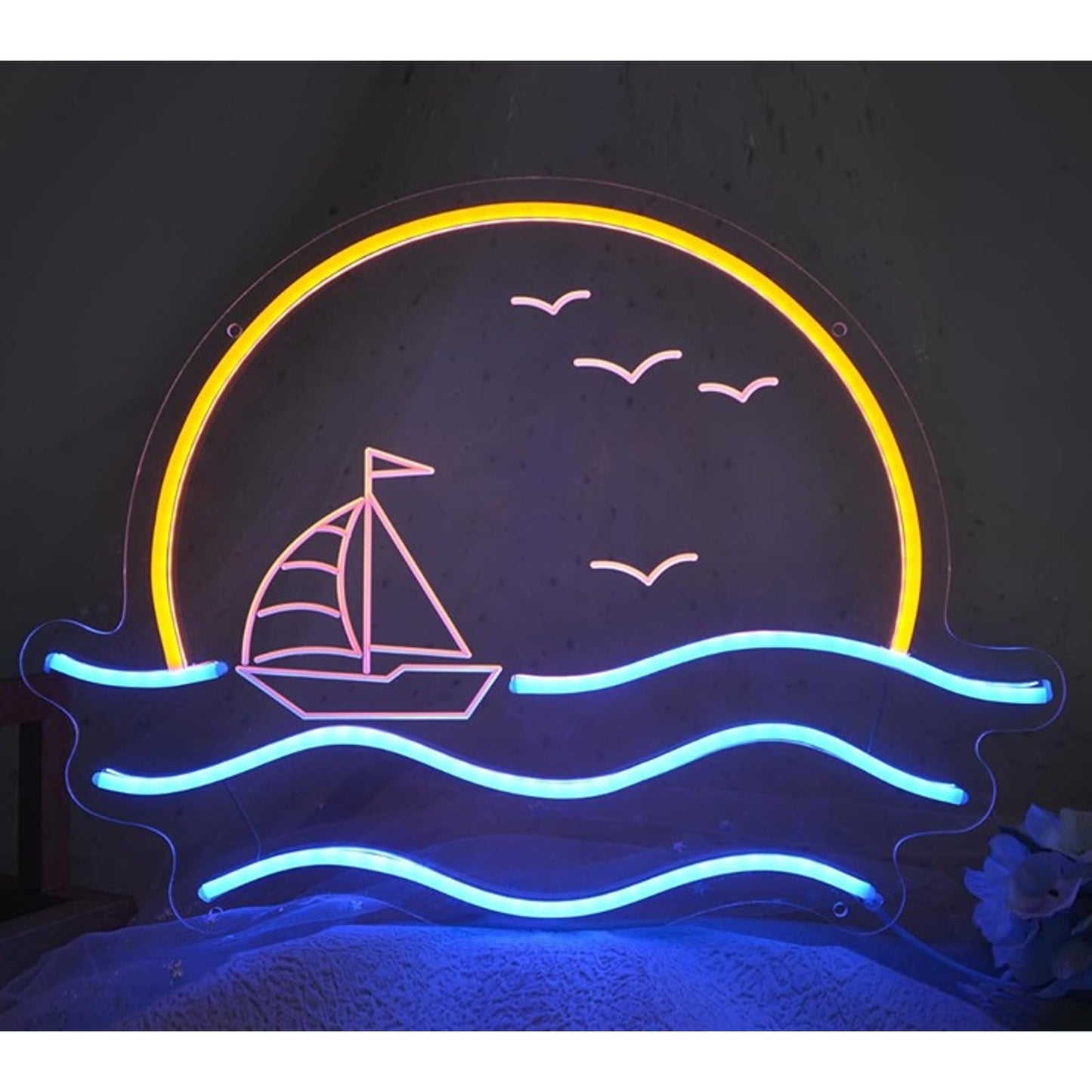 Lovely Bright Pink Little Sail Boat on the Sea w/ Sunset LED NightRoom Wall Deco