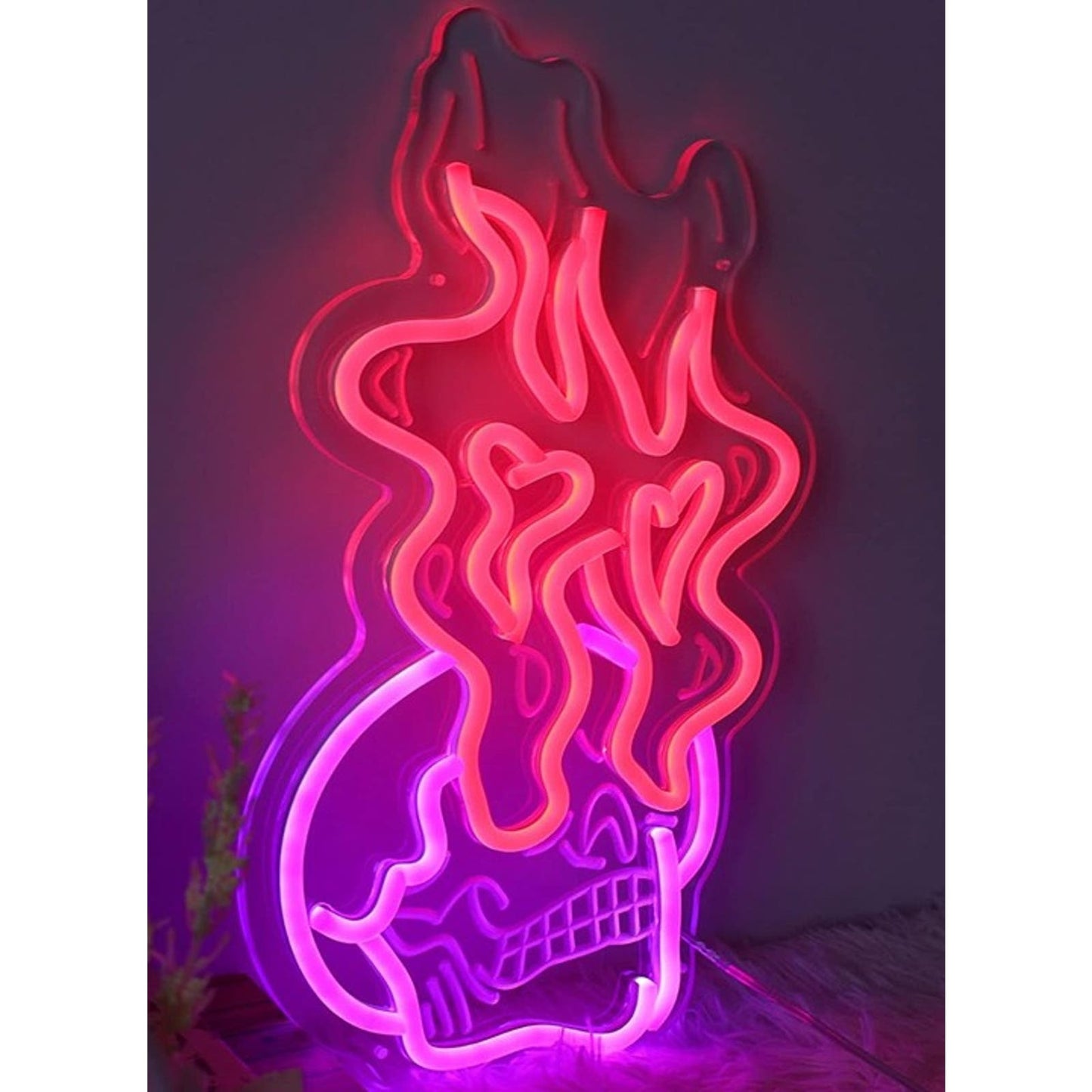 Lovely Bright Pink Skull w/ Fire Heart Eyes LED Night Light Room Wall Decor