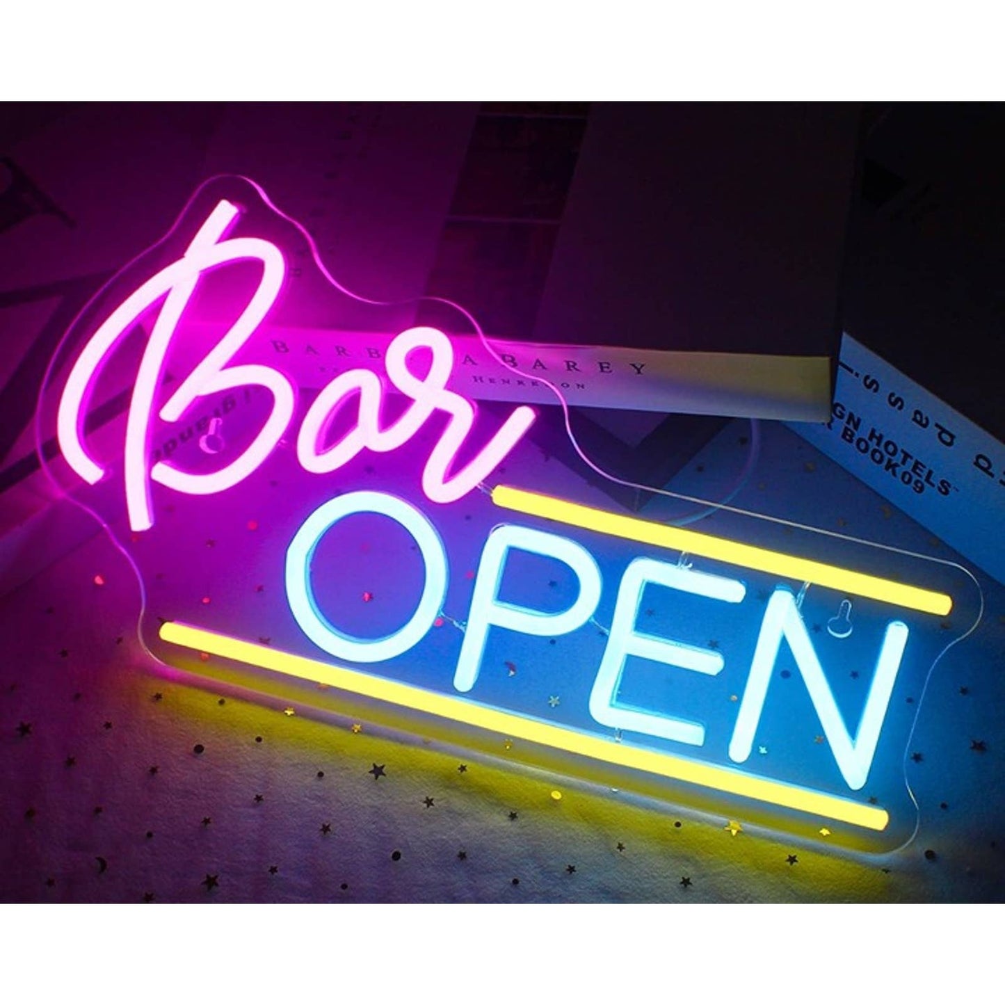 Vivid Bright Pink/Blue & Yellow Open Bar LED Night Light Sign Wall Party Decor