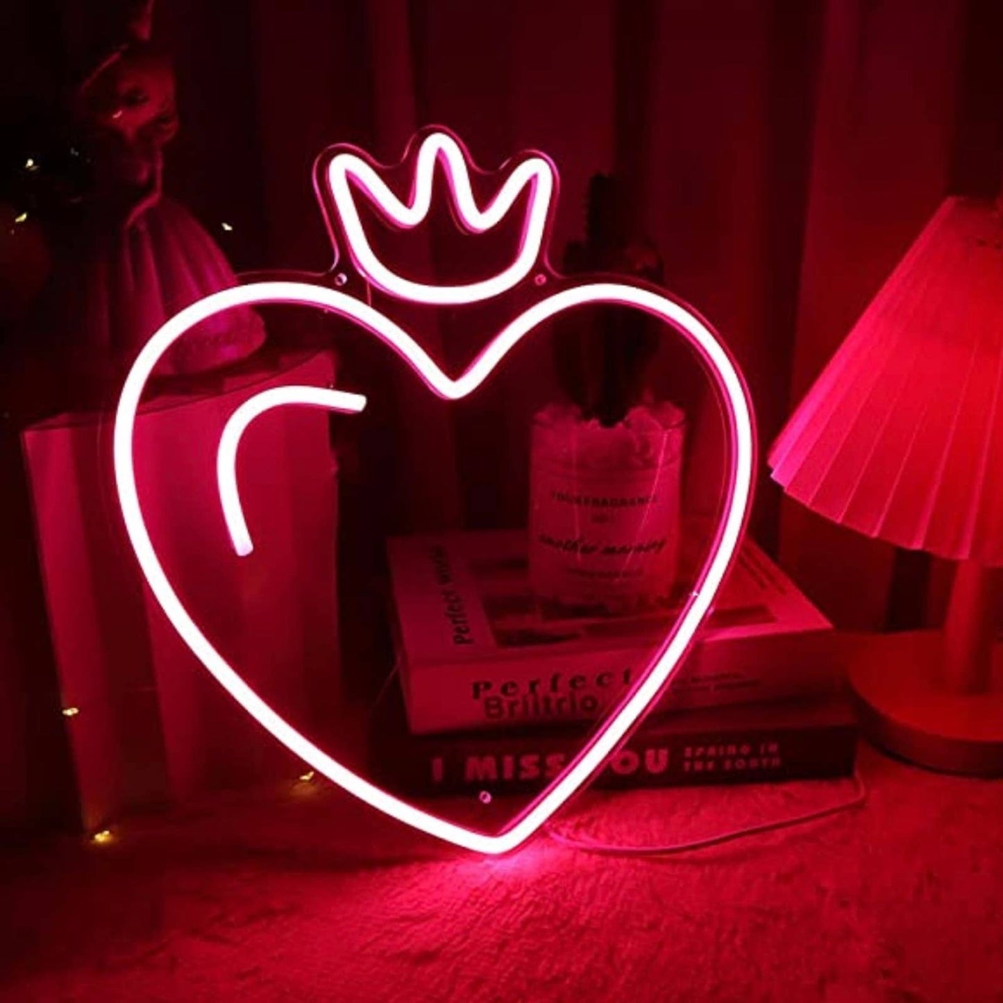 Adorable Bright Pink Heart Princess Crown LED Night Light Room Wall Decoration