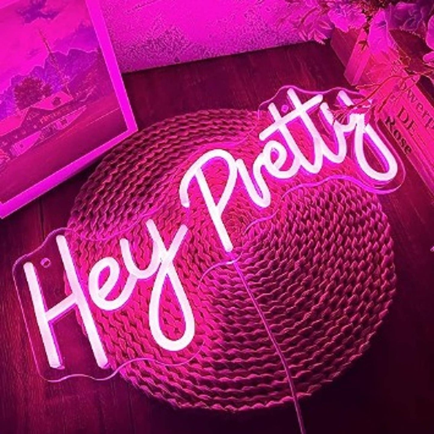 Lovely Bright Pink “Hey Pretty” LED Night Light Love Room Wall Decor
