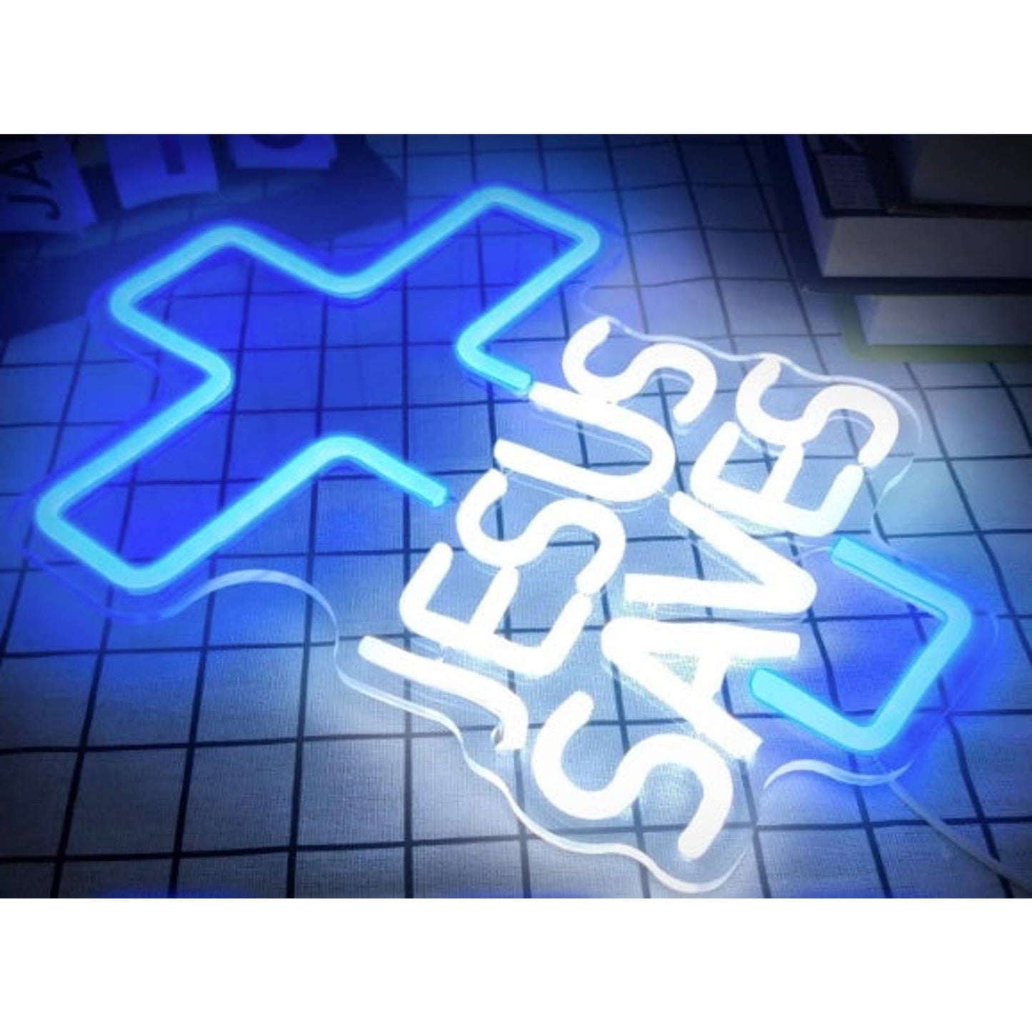 Lovely Bright Blue White Jesus Saves Cross LED Night Light Room Wall Decoration