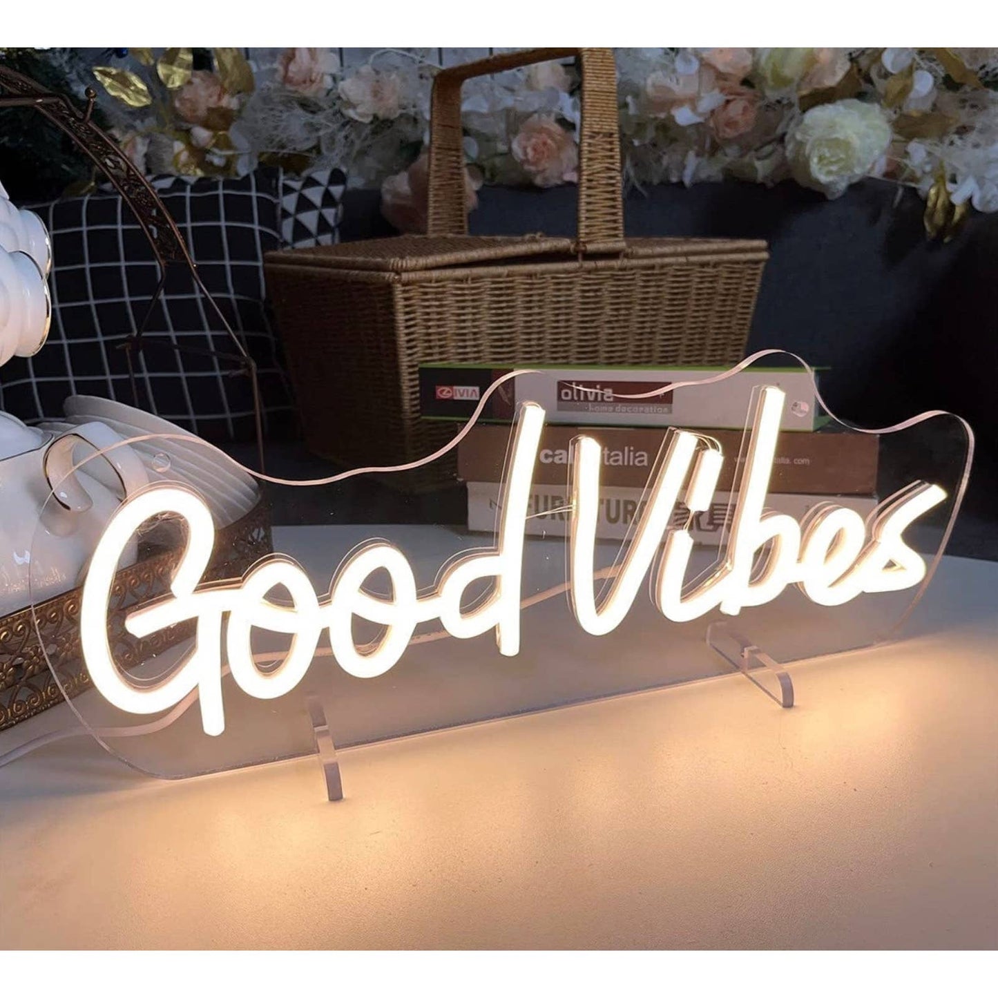 Lovely Bright Simple White Good Vibes LED Table Lamp Light Room Decoration