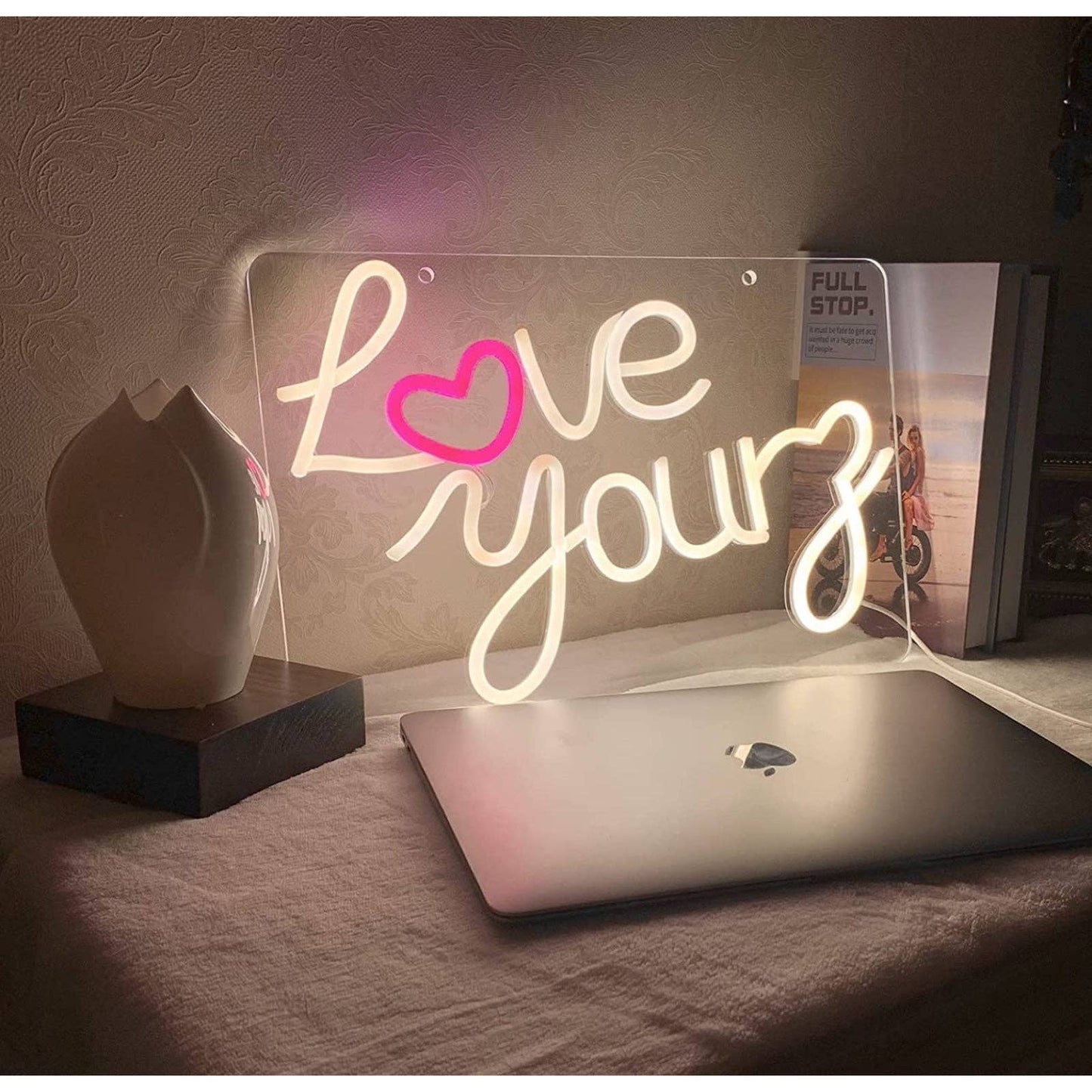 Lovely Bright Warm White “Love Yourz” Pink Heart LED Night Light Room Wall Decor