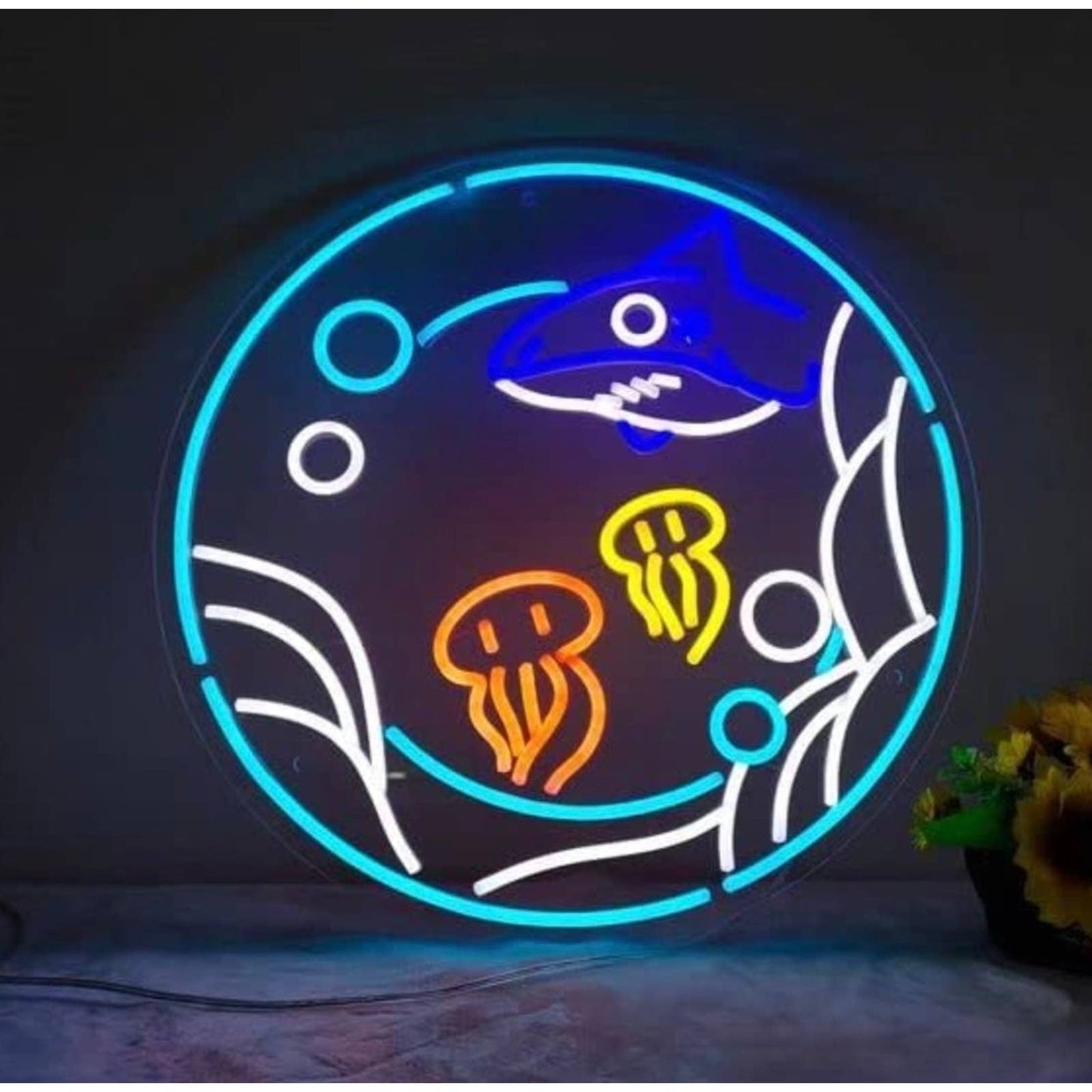 Lovely Bright Squids & Shark Circle Ocean Art LED Night Light Room Wall Decor