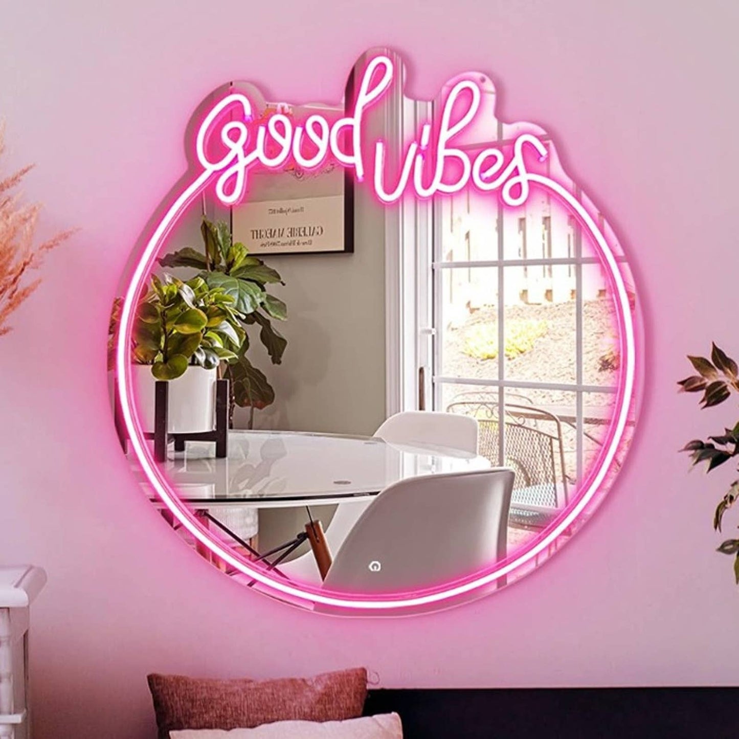 Lovely Quality Bright Pink “Good Vibes” Mirror LED Light Room Wall Decor