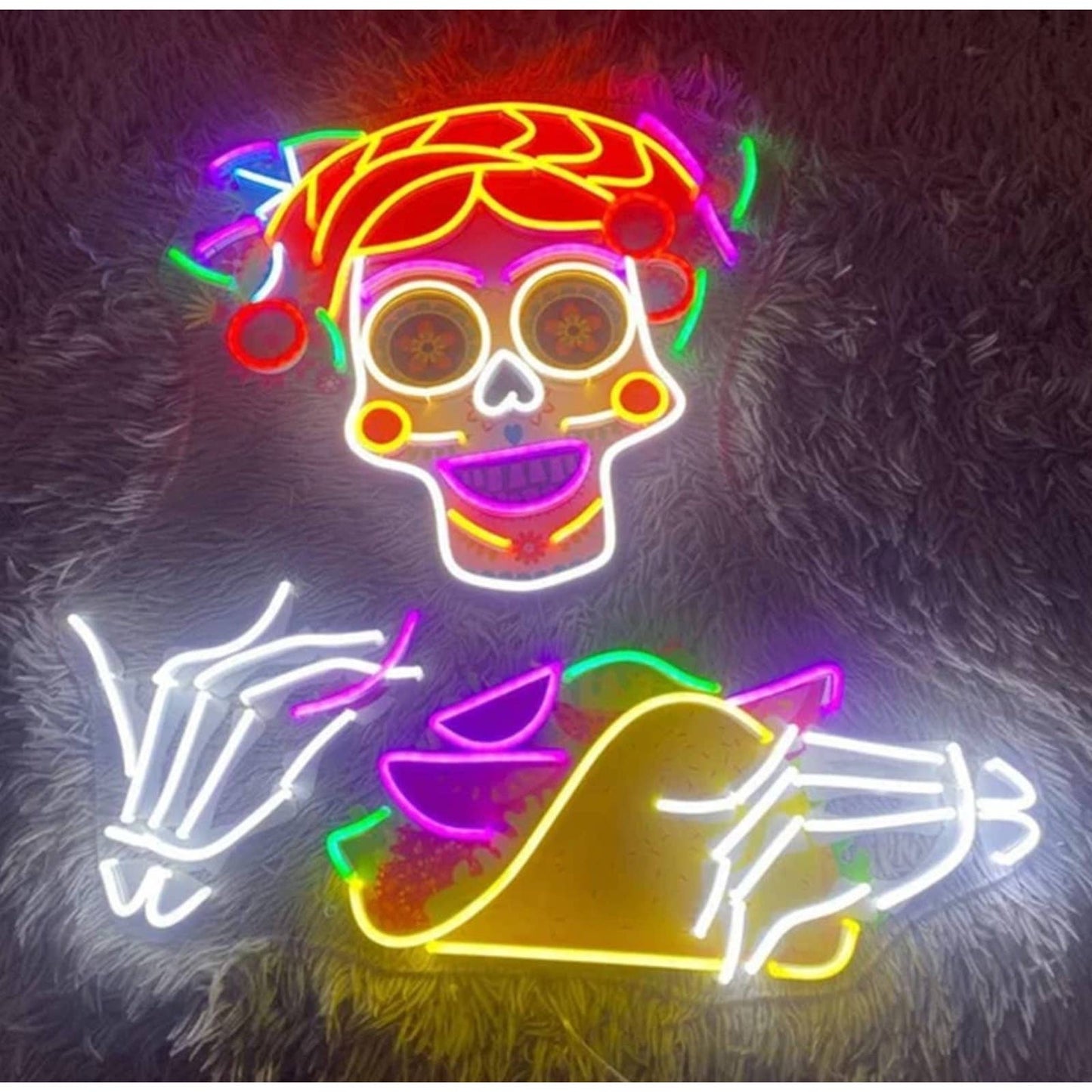 Fun Bright Rainbow Mexican Skull Eating Taco LED Night Light Restaurant Room Wal