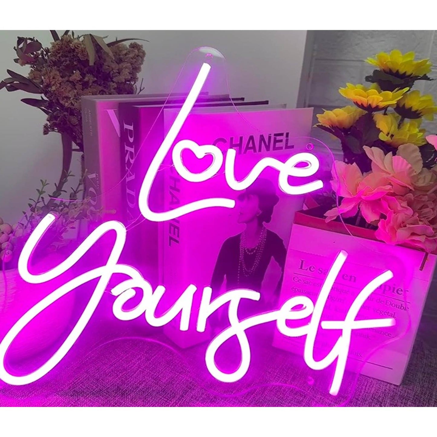 Lovely Vivid Bright Pink “Love Yourself” Heart LED Night Light Room Wall Decor