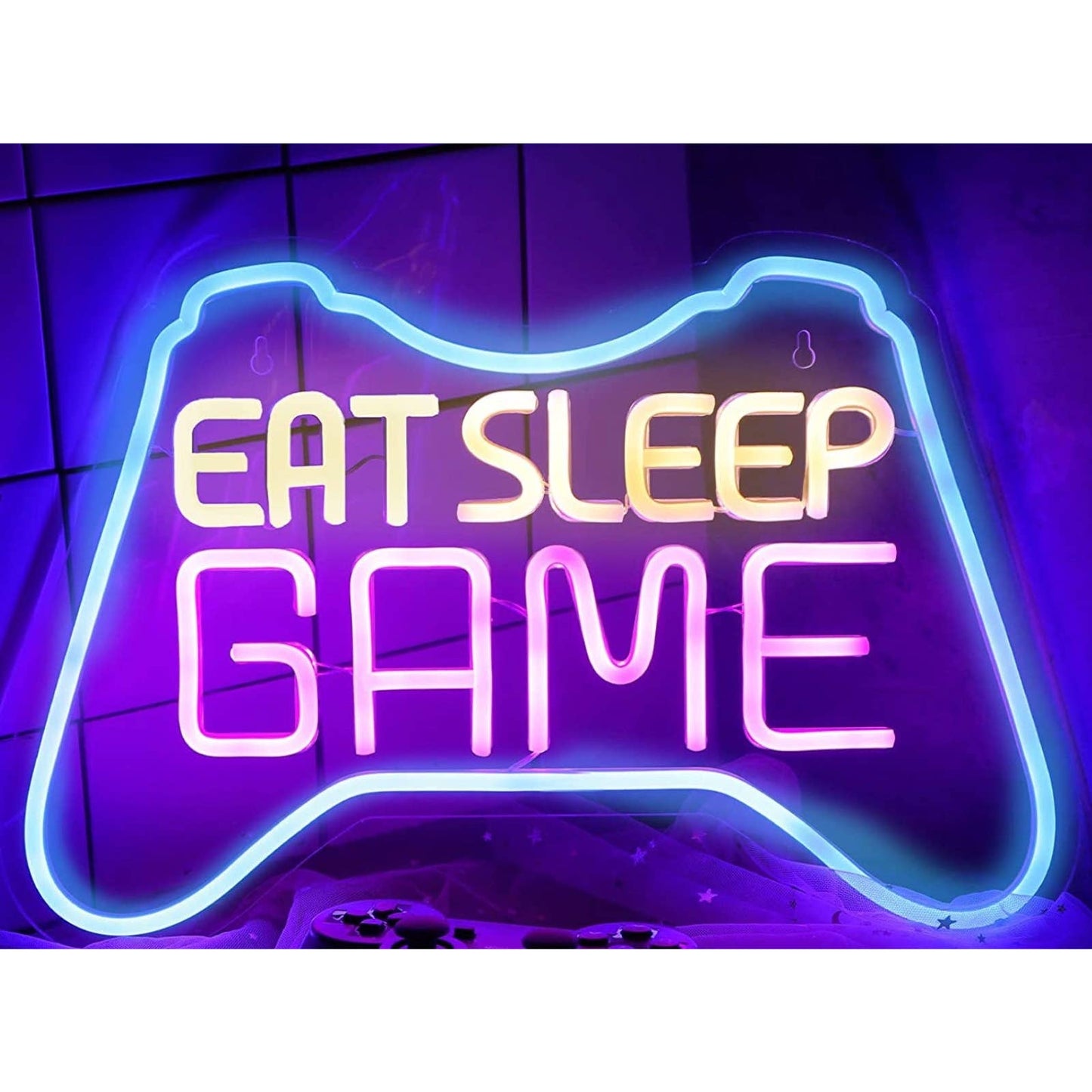 Fun Bright Blue “EAT SLEEP GAME” Video Gamer Controller LED Light Game Room Deco