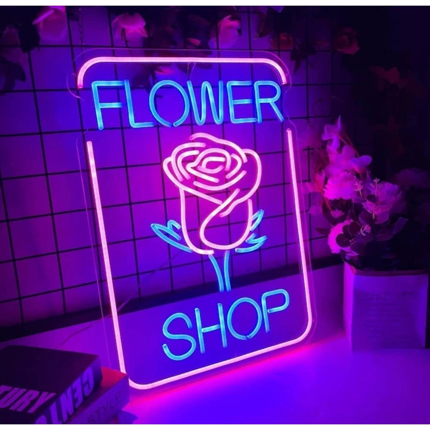 Adorable Bright Pink Rose Flower Shop LED Light Business Store Sign Decoration
