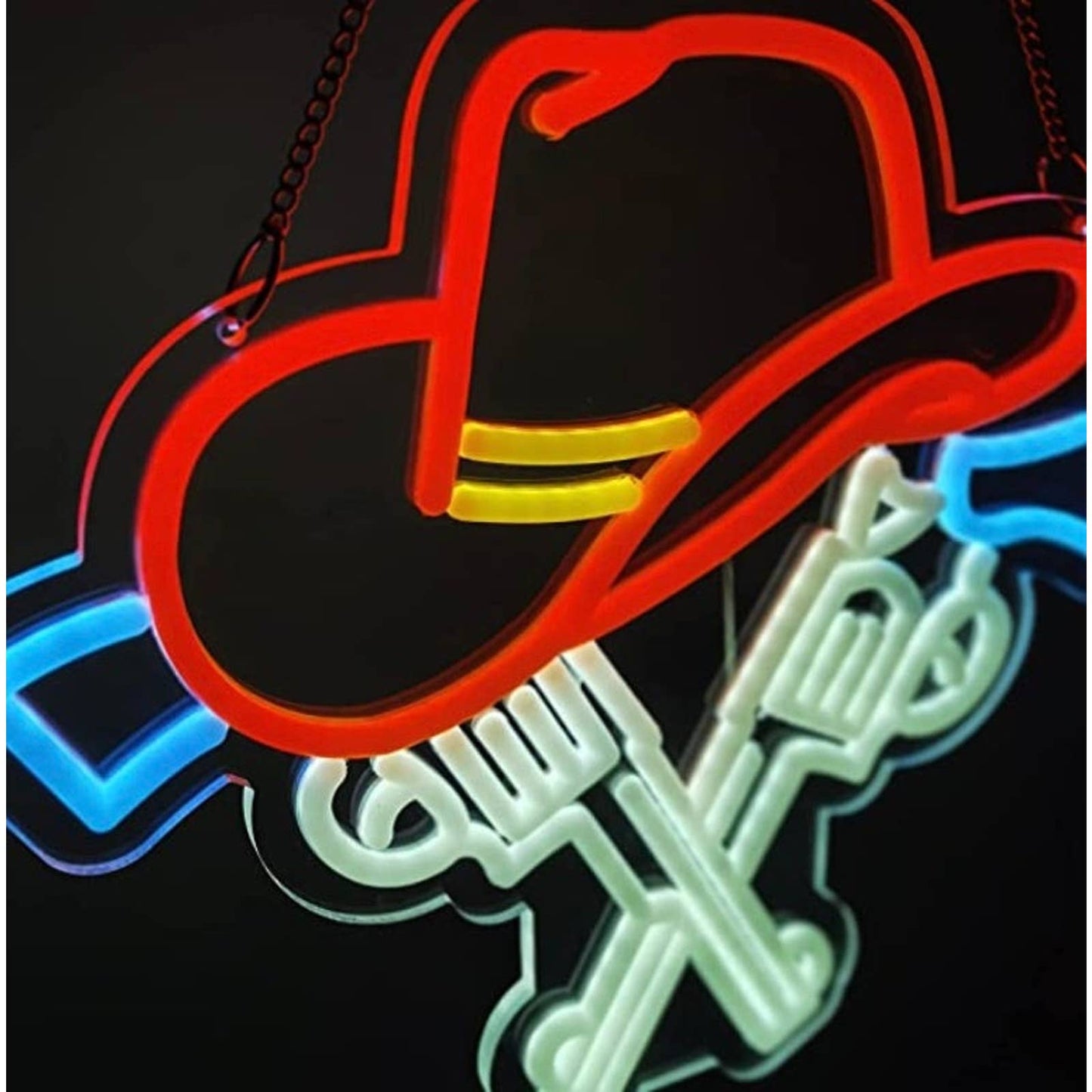 Fun Bright Cowboy Hat & Revolvers LED Night Light Western Room Wall Decoration