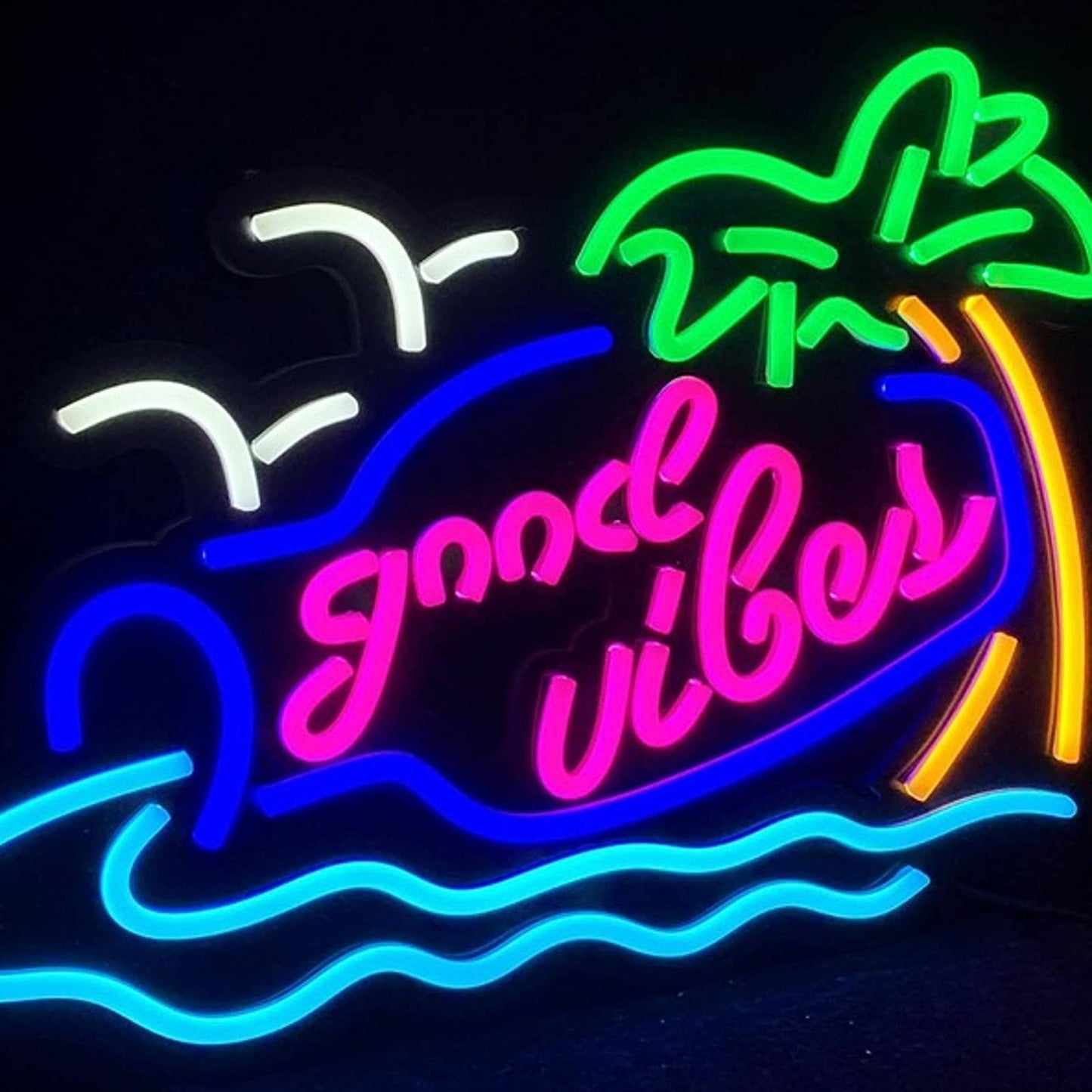 Vivid Fun Bright “Good Vibes” Tropical Palm Tree Ocean Bottle LED Night Light