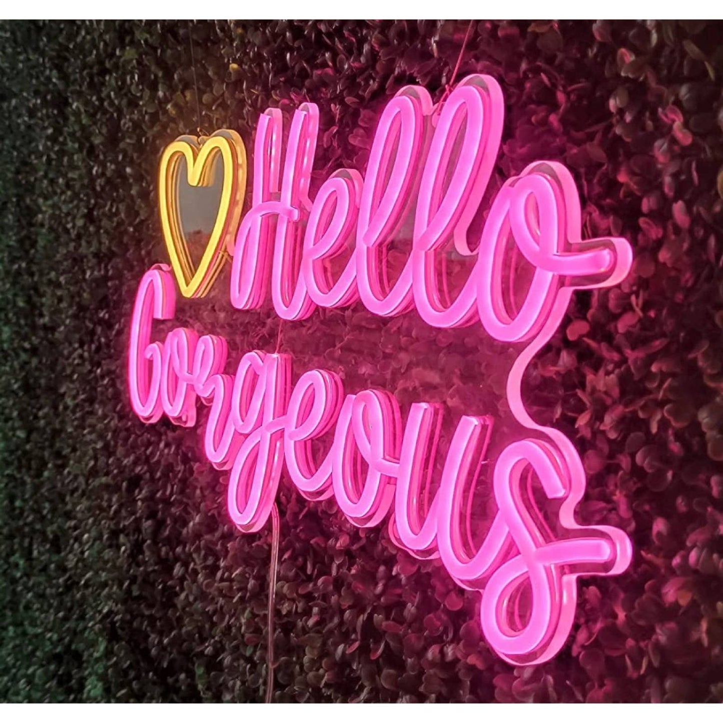 Lovely Bright Pink “Hello Gorgeous” Yellow Heart LED Night Light Room Wall Decor