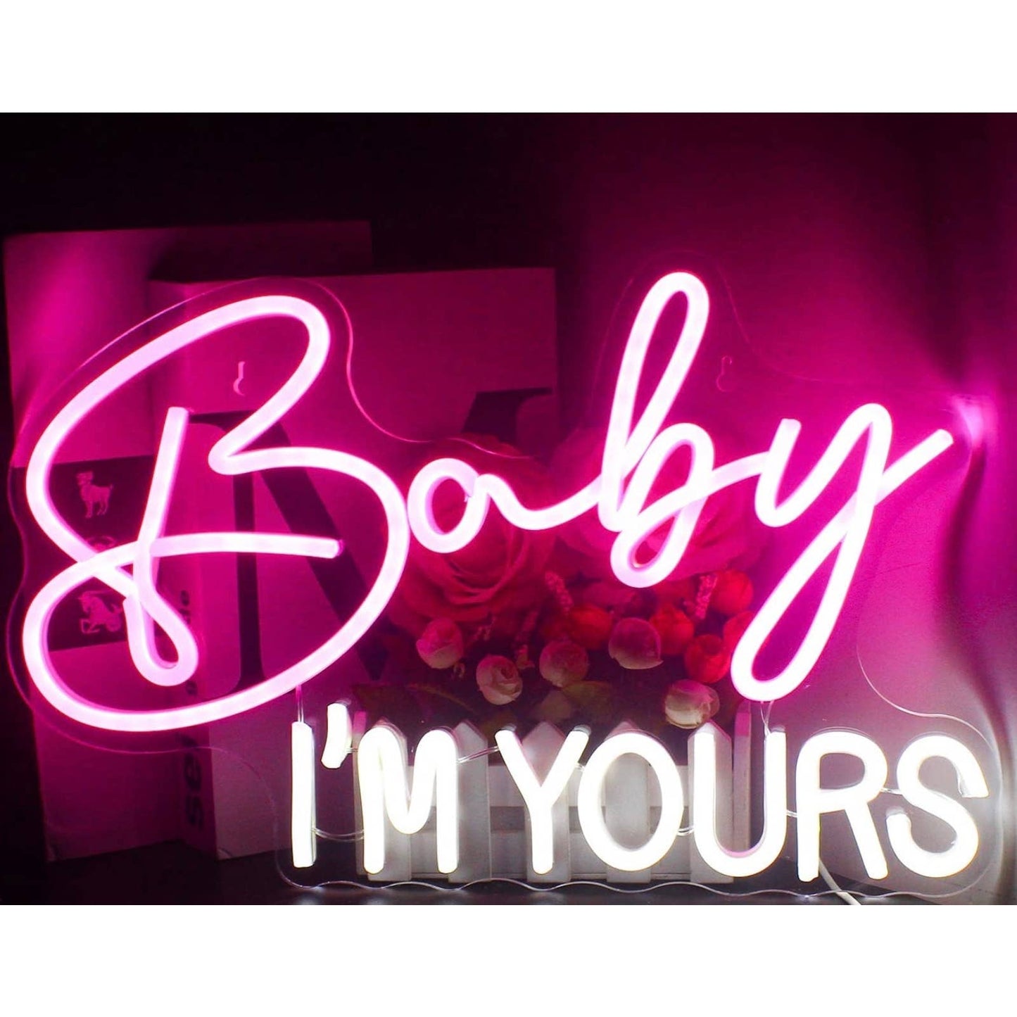 Romantic Bright Pink / White “Baby I’m Yours” LED Night Light Room Wall Love Dec