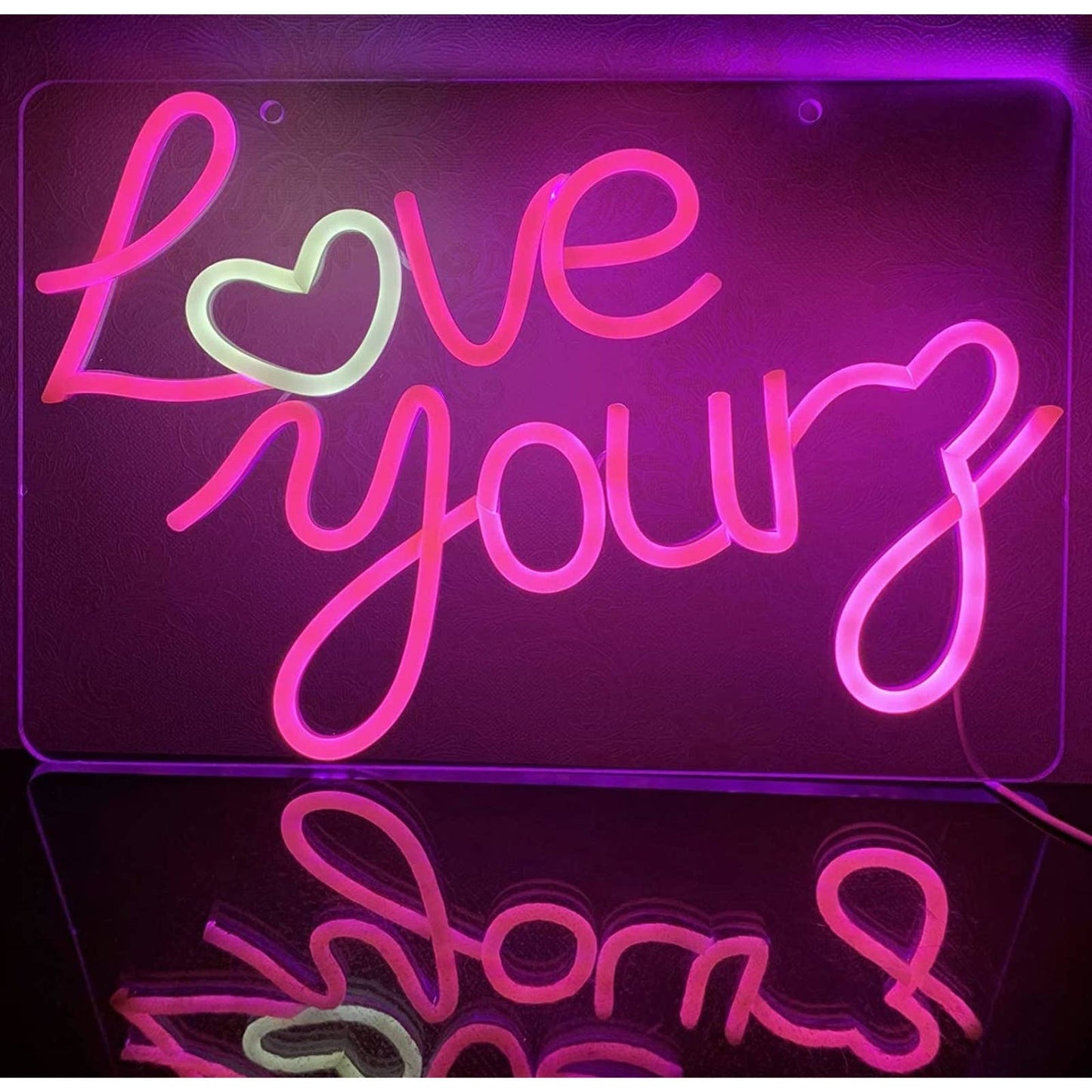 Lovely Bright Warm Pink “Love Yourz” White Heart LED Night Light Room Wall Decor